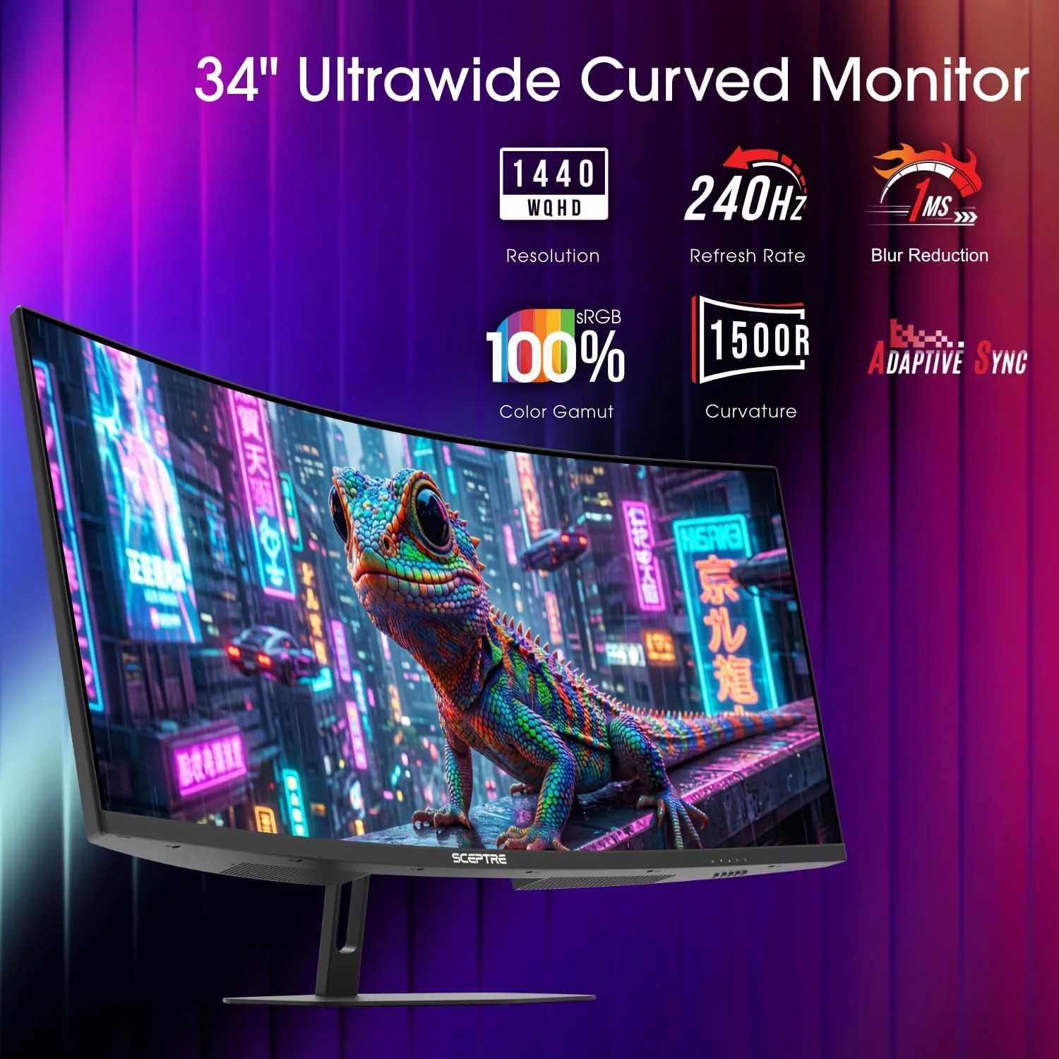 New! Sceptre Curved 34-inch Prime Gaming Monitor 3440 x 1440 up to 240Hz 1500R 1ms 100% sRGB DisplayPort x2 HDMI x2 Build-in Speakers, Machine Black 2027 (C345B-QU240T Series)
