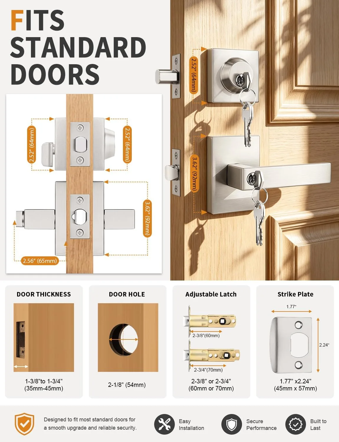 Probrico Square Front Door Lock Set Exterior 2 Pack, Entry Door Handles and Single Cylinder Deadbolts Same Keys, Door Locksets Reversible for Right and Left in Brushed Nickel Finish
