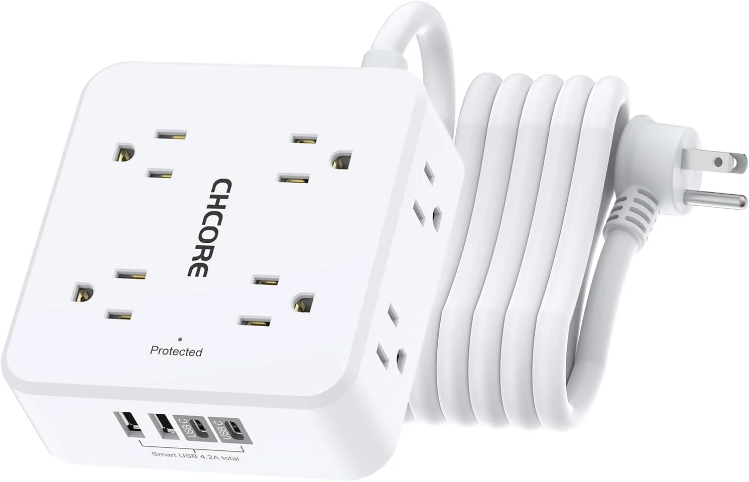10Ft Surge Protector Power Strip - CHCORE Flat Plug Extension Cord with 8 Outlets and 4 USB Ports(2 USB C), 3 Side Wall Mount Outlet Extender for Home Dorm Room Essentials, ETL Listed, White