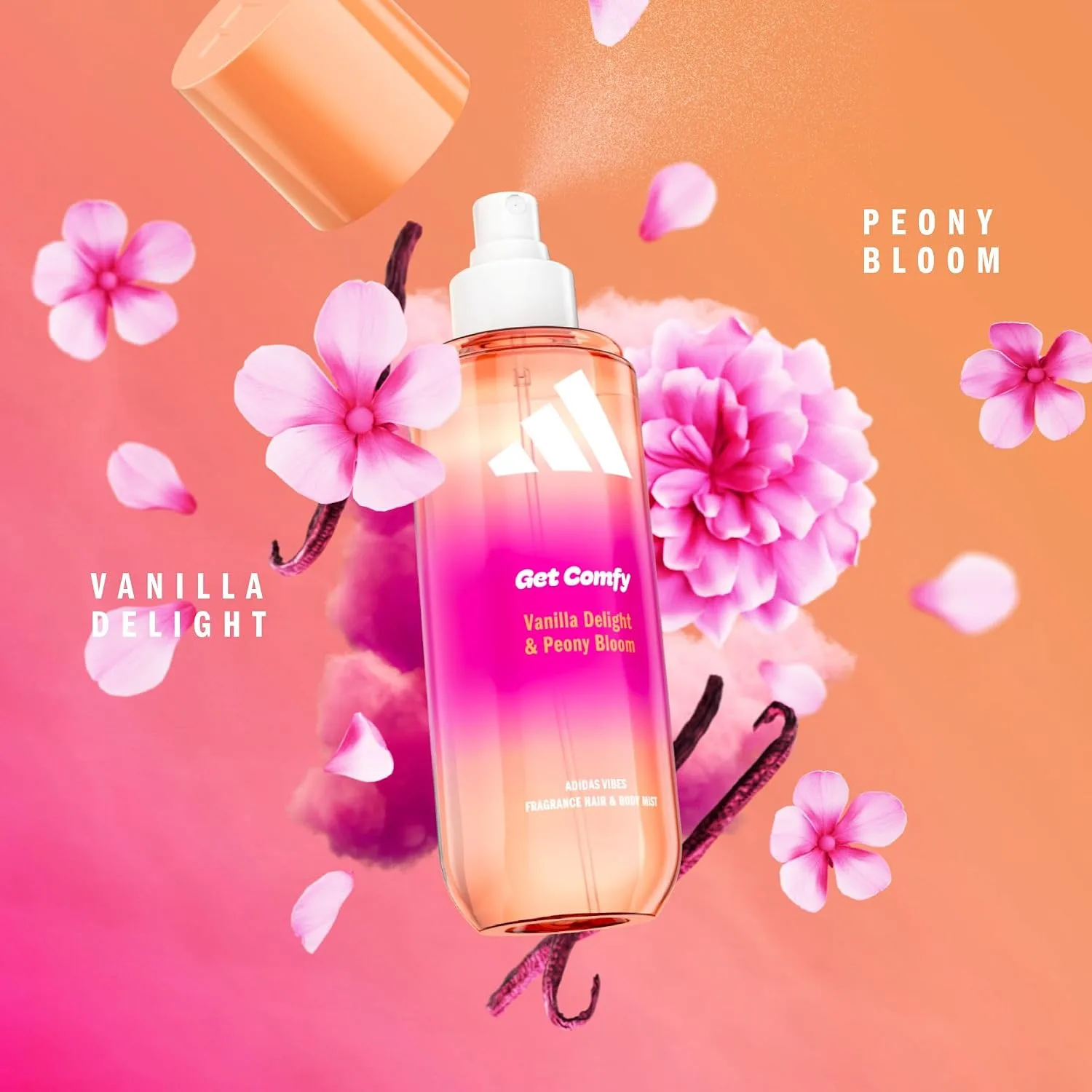adidas Vibes Get Comfy Fragrance Hair & Body Mist for Women, Mood-Boosting, Notes of Vanilla Delight & Peony Bloom, For Any Occasion, 7.9oz