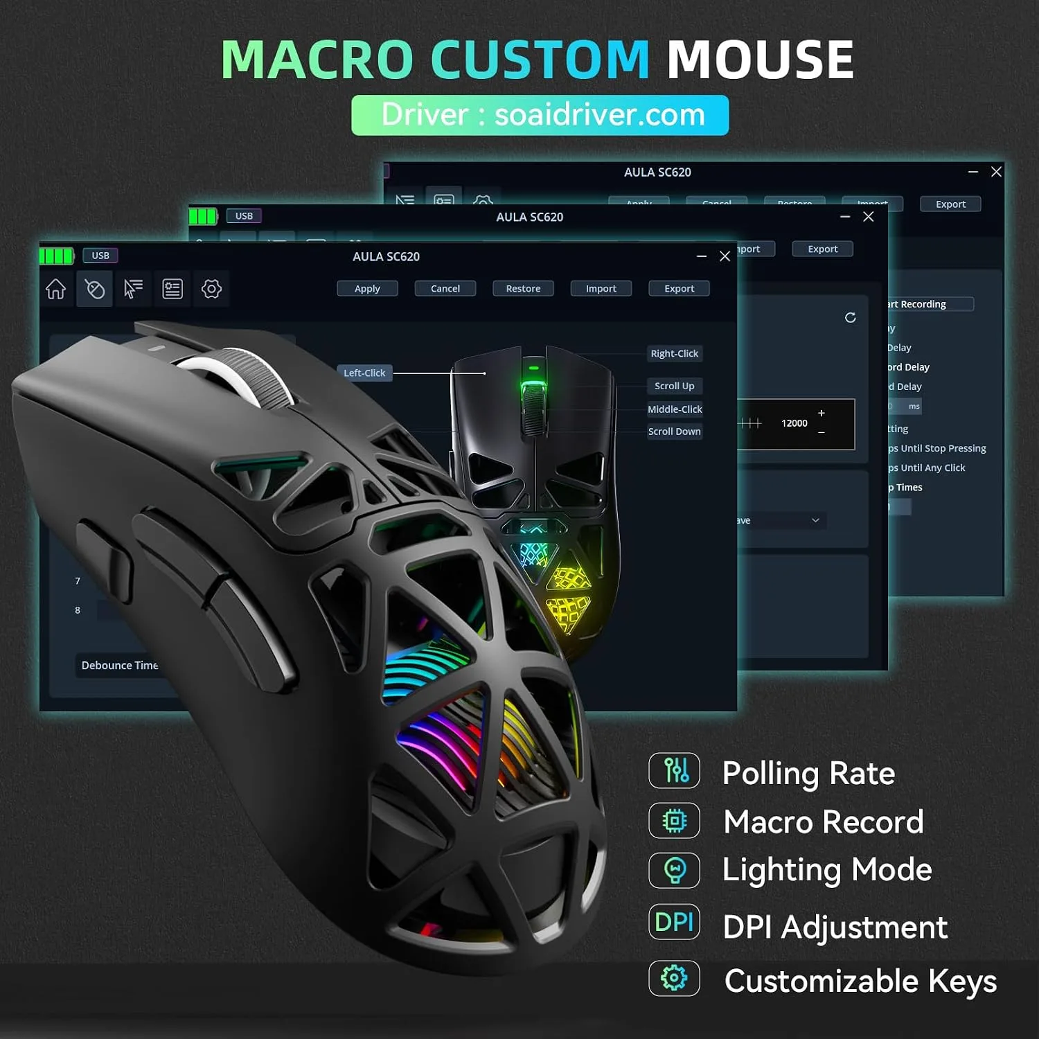 Aula SC620 Wireless Gaming Mouse, Tri-Mode 2.4GHz/USB-C/BT5.3 Computer Mouse with 12000 DPI, Programmable Macro Gamer Mouse with Rapid Fire Key, RGB Light Gaming Mice for PC/Laptop/Mac(Black)