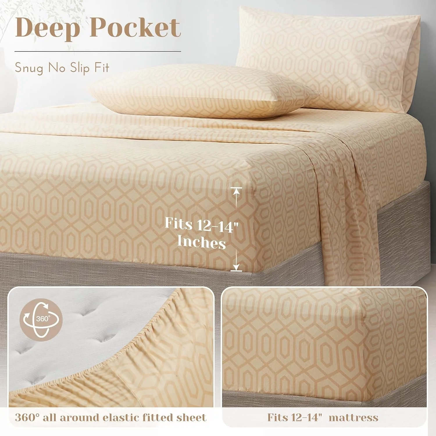 Comfort Spaces 100% Cotton Percale Sheets Twin Sheet Set 3 Pcs, Diamond Tan