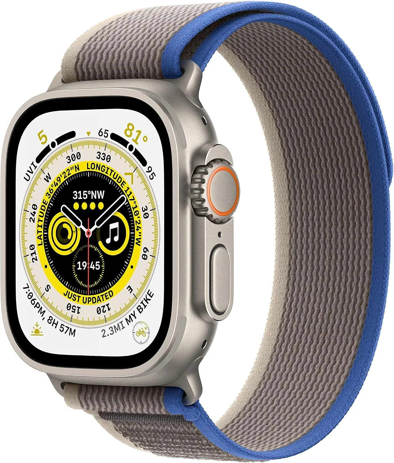 Apple Watch Ultra [GPS + Cellular 49mm] Titanium Case with Blue/Gray Trail Loop, M/L (Renewed)