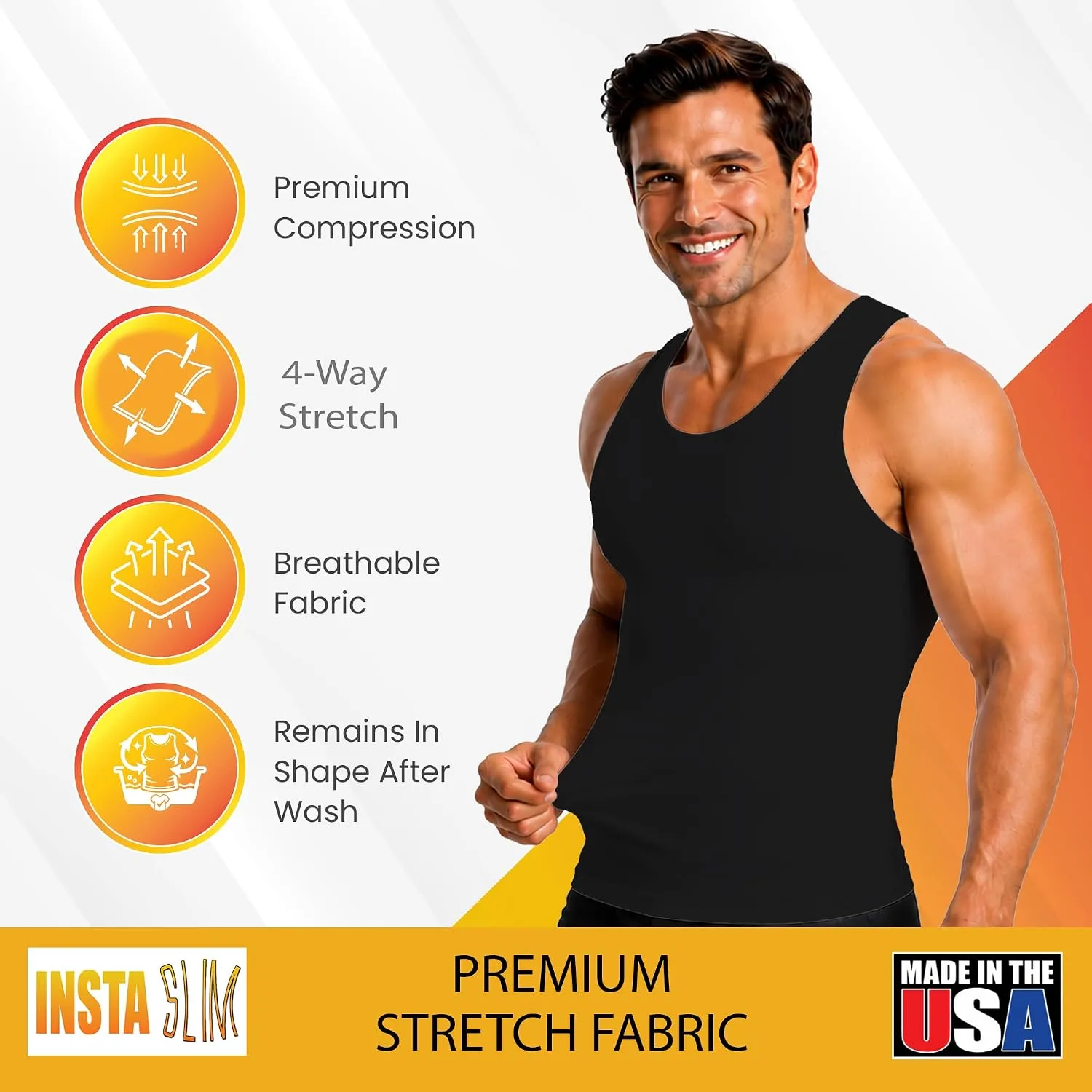 Insta Slim - Made in USA 3 Pack Compression Muscle Tank Body Shapers for Men. Back Support, Slimming Shapewear Undershirt