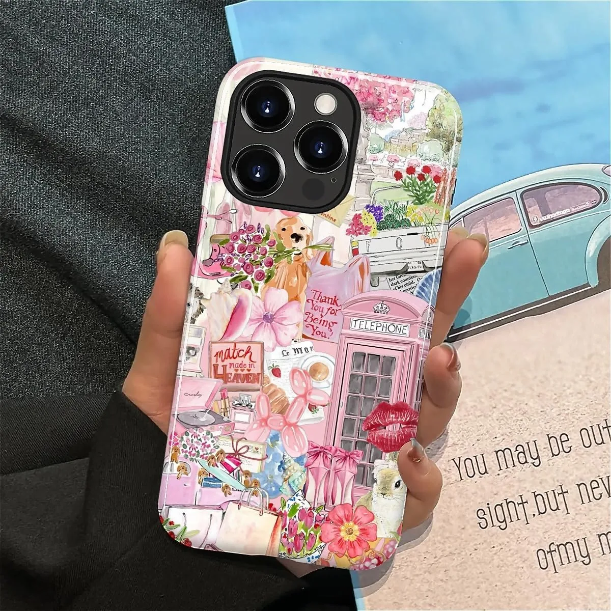 DAIZAG Case for iPhone 15 Pro Max,Mixed 2 Layer Design Shockproof Soft TPU Ddouble Protection Phone Case for iPhone 15 Pro Max-Cute Pink Animal Garden Collage