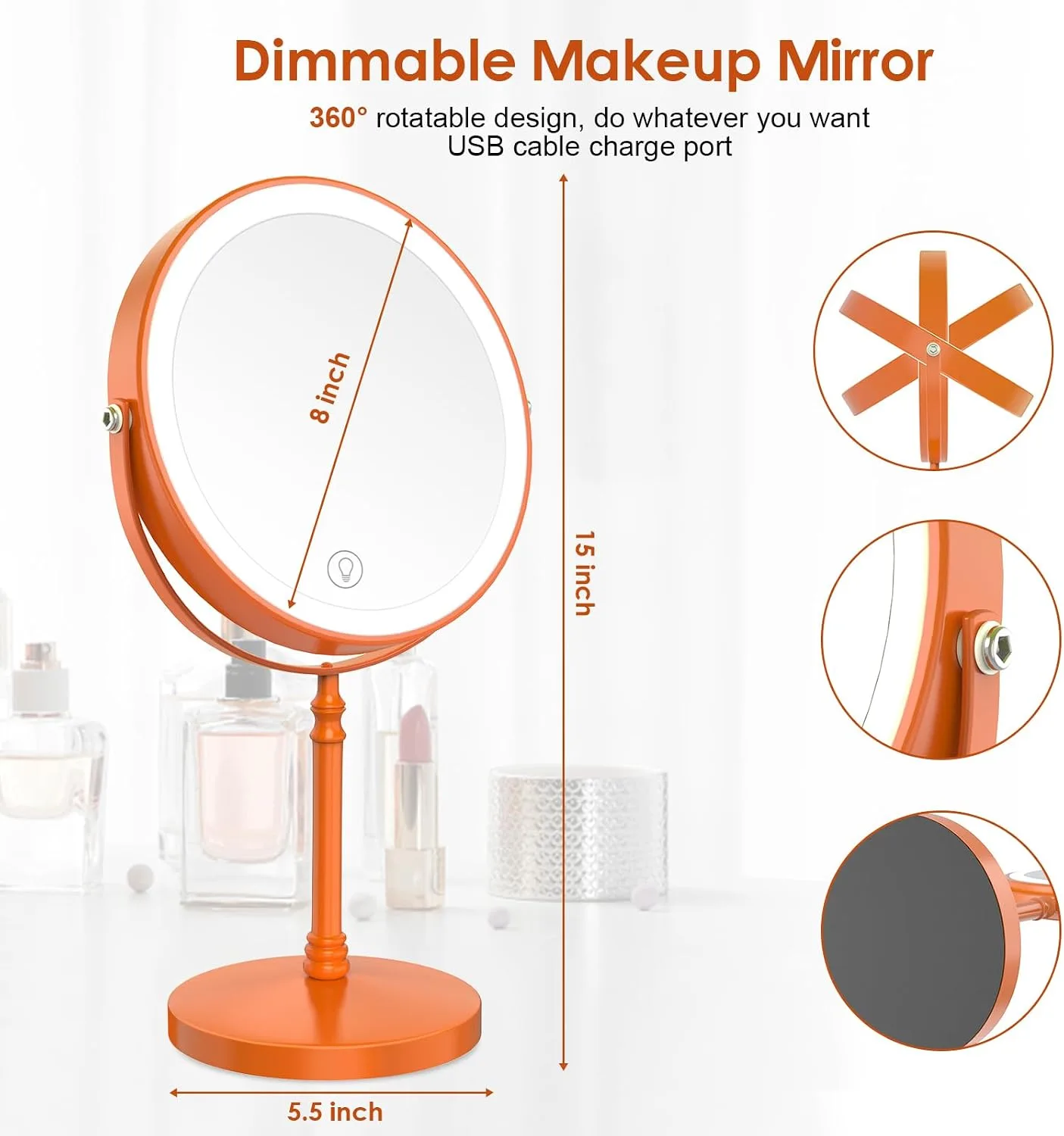 DEIOVWXS Makeup Mirror, Rechargeable Vanity Mirror with 3 Lights, 1X/10X