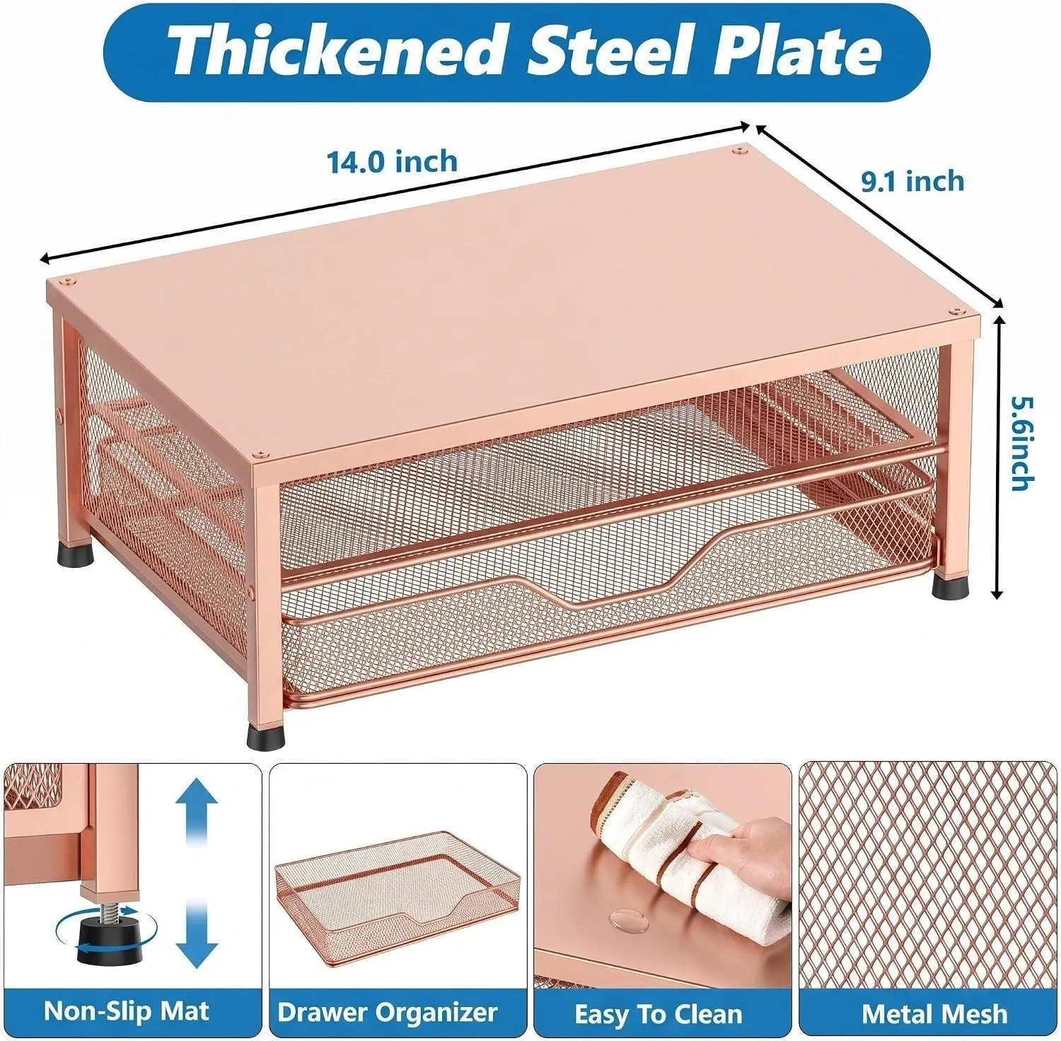 OPNICE Computer Monitor Stand Riser, Desk Organizer with Drawer, Printer & Laptop Stand, Office Desk Accessories & Workspace Desktop Organizers Storage for Office Supplies(Rose Gold)