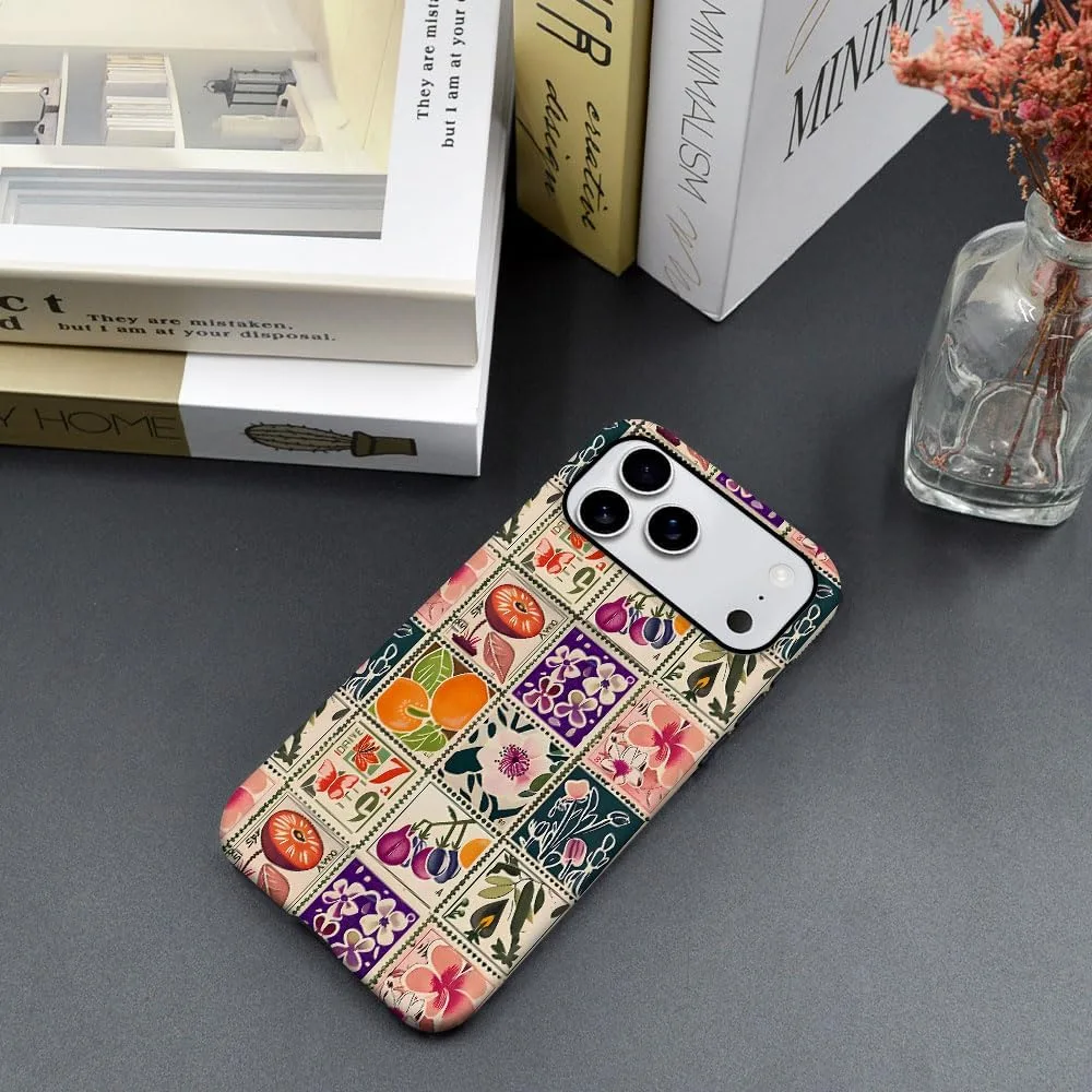 Case Compatible with iPhone 18 Pro Max/iPhone 17 Pro Max,Fall Prevention Hybrid 2-Layer Hard Shell Phone Cover for Girls Boys,Vintage Flower Orange Stamp Collage