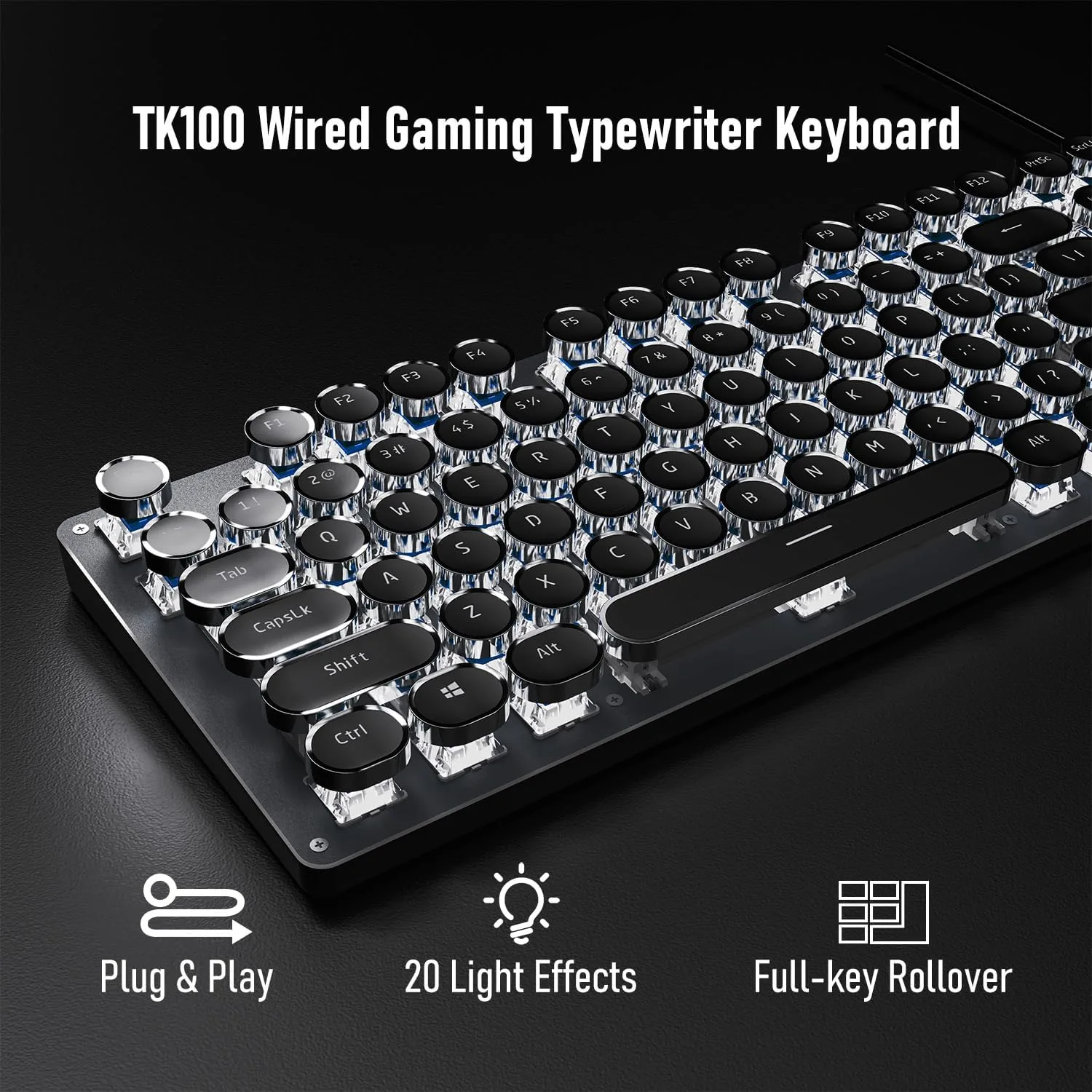 Wired Typewriter Style Mechanical Gaming Keyboard with White Backlit-Black