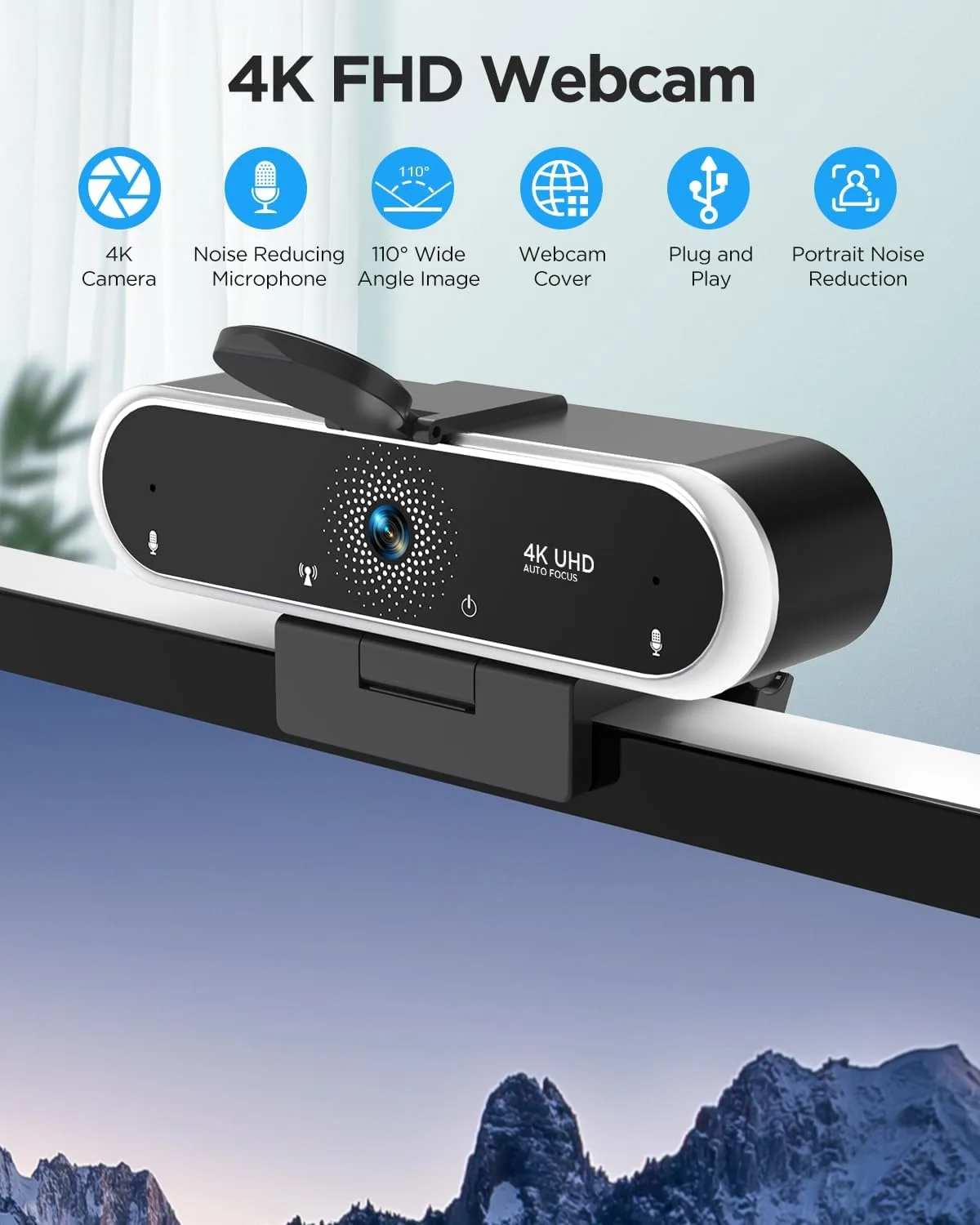 Webcam 4K with Microphone & Privacy Cover for PC/Laptop, USB Computer Camera Plug & Play with Auto Light Correction for Video Calls, Live Streaming Gaming & Online Meetings (4K Black)