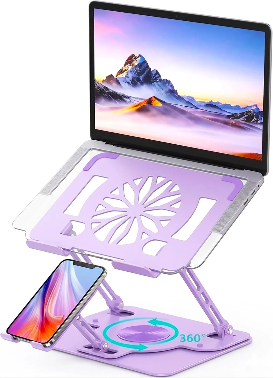 Adjustable 360°Rotating Laptop Stand, 2-in-1 Ergonomic Carbon Steel Laptop Riser with Detachable Phone Holder, Hollow Cooling Notebook Stand Fits 12.9-18 Inch Laptops (Purple)