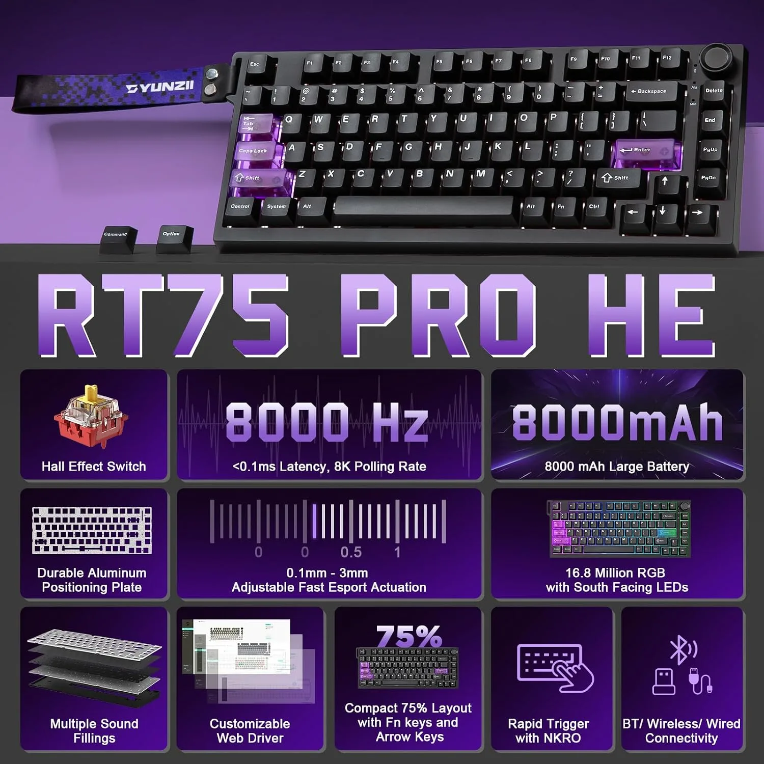 YUNZII RT75 PRO Dual 8K Wireless Gaming Keyboard (Black,Red Switch)