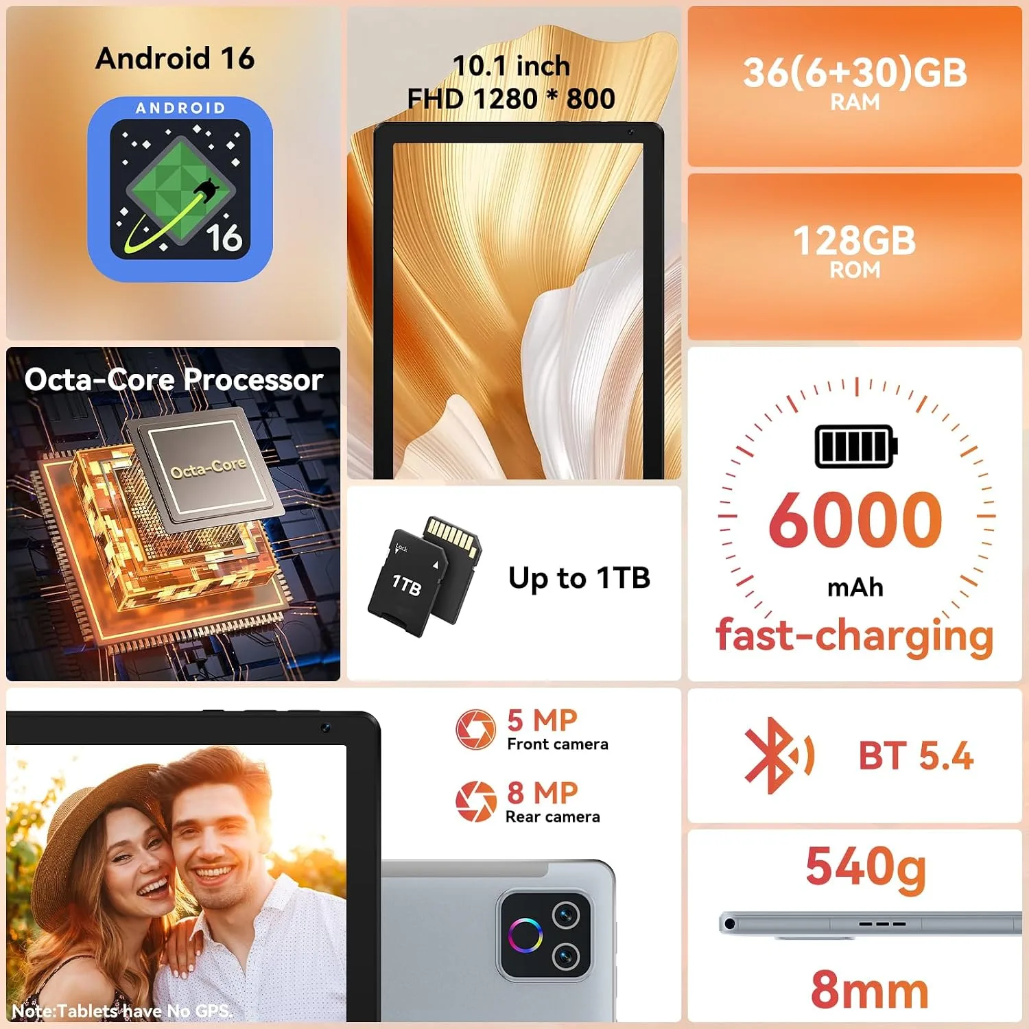 URAO Tablet,10.1" Android 16 Tablet Octa-core 36GB+128GB Dual Camera
