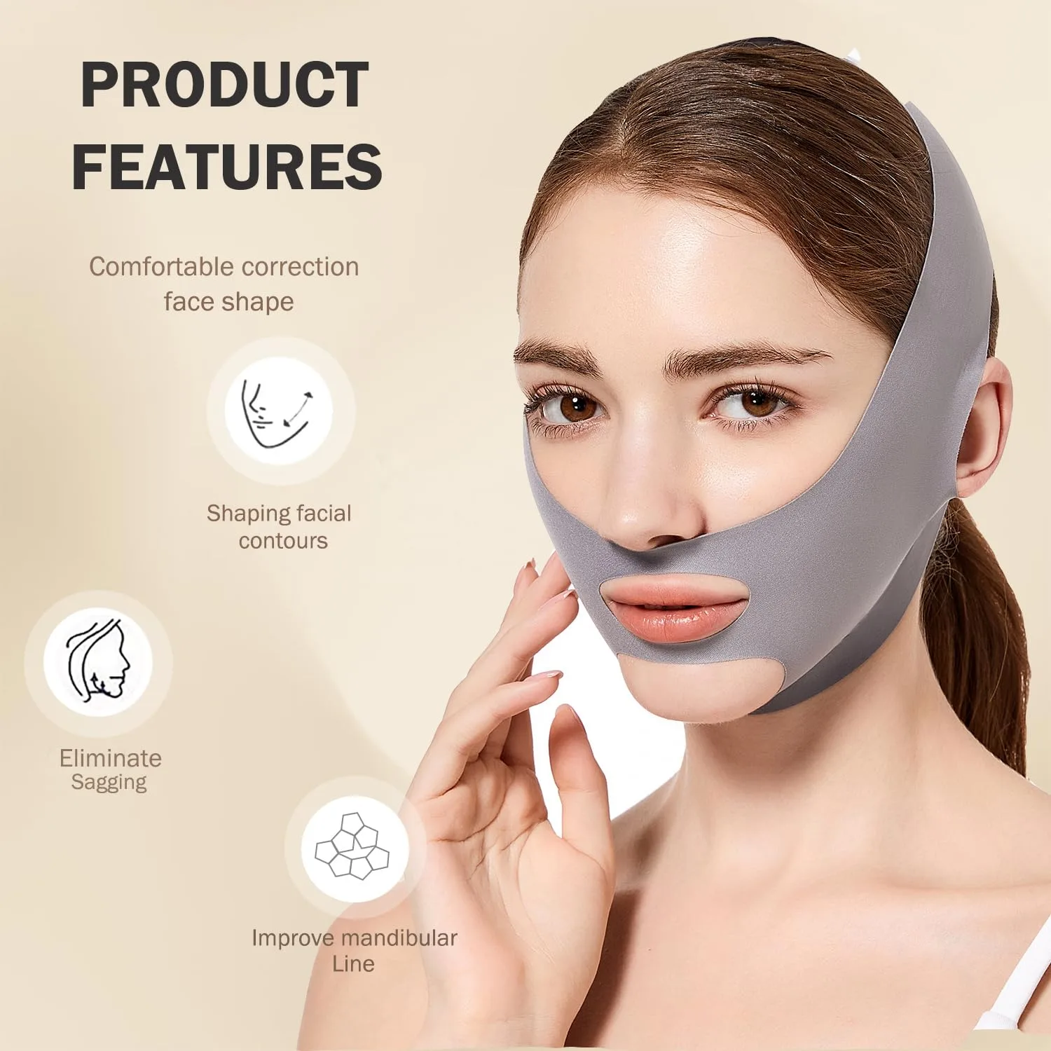 MASIKA Chin Strap for Sleeping，V-Line Mask,，V-Line Lifting Chinstrap，Jaw Exerciser, Reusable Face Strap.Jaw Strap,Jawline Shaper,Double chin strap，Chin lifting strap，Face lifting strap，Grey,M