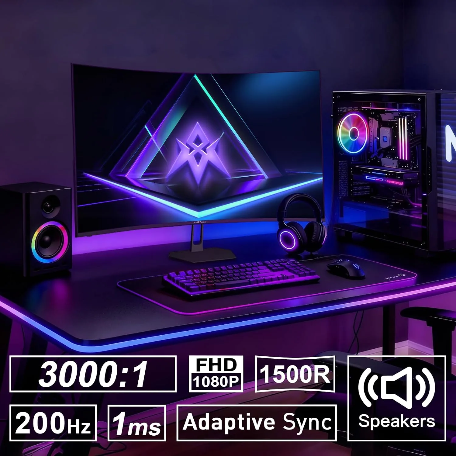 Amzfast 27 inch 200Hz Curved Gaming Monitor, FHD 1080p with Built-in Speakers, FreeSync, MPRT 1ms, 130% sRGB, 3000:1, 1500R, VESA Mount, HDMI 2.0&DP 1.4, 12 Months Warranty, AMZG27C1