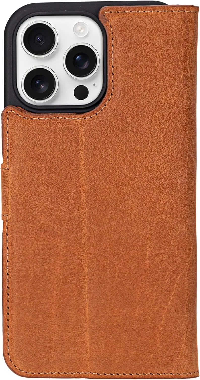 VENOULT Wallet Case for iPhone, Full Grain Genuine Turkish Leather, Magnetic Detachable, RFID 4 Card Slots, Business Style, Compatible with MagSafe (Almond, iPhone 16 Pro)