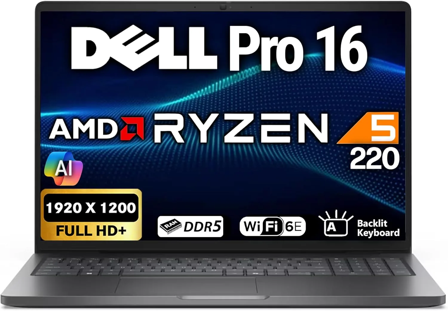 Dell Pro 16 Business Laptop, 16" FHD+ Display (Replaces Latitude 3550), AMD Ryzen 5 220 Processor, 16GB DDR5 RAM, 512GB PCIe SSD, WiFi 6E + BT, RJ-45, HDMI, Backlit Keyboard, HD Webcam, W11Pro - Black