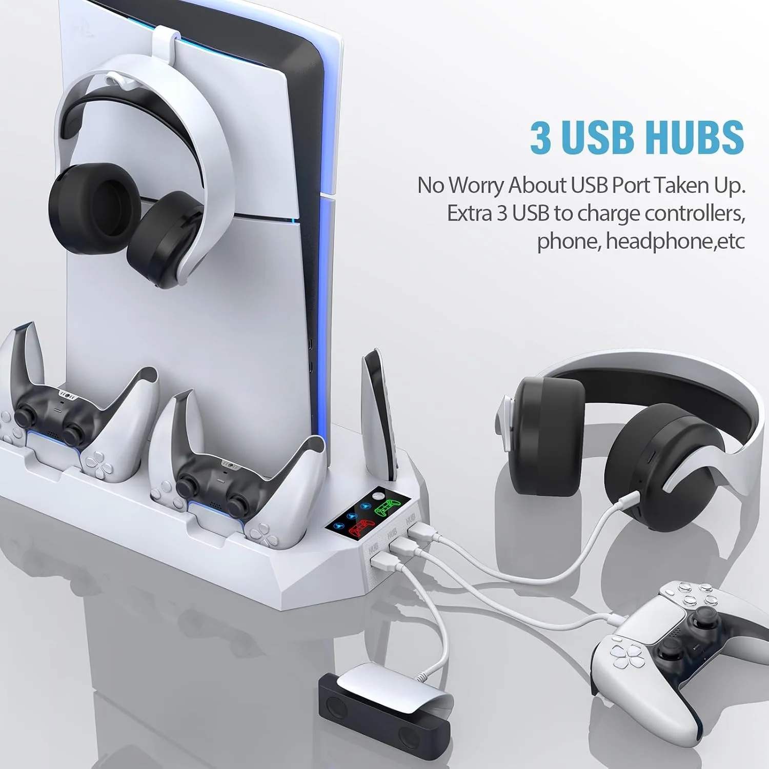 PS5 Slim Stand and Cooling Station with Controller Charging Station for Playsation 5 Slim&Standard Disc/Digital Console, PS5 Accessories Incl. Controller Charger/Turbo Fan/3 USB Hub/Headset Holder