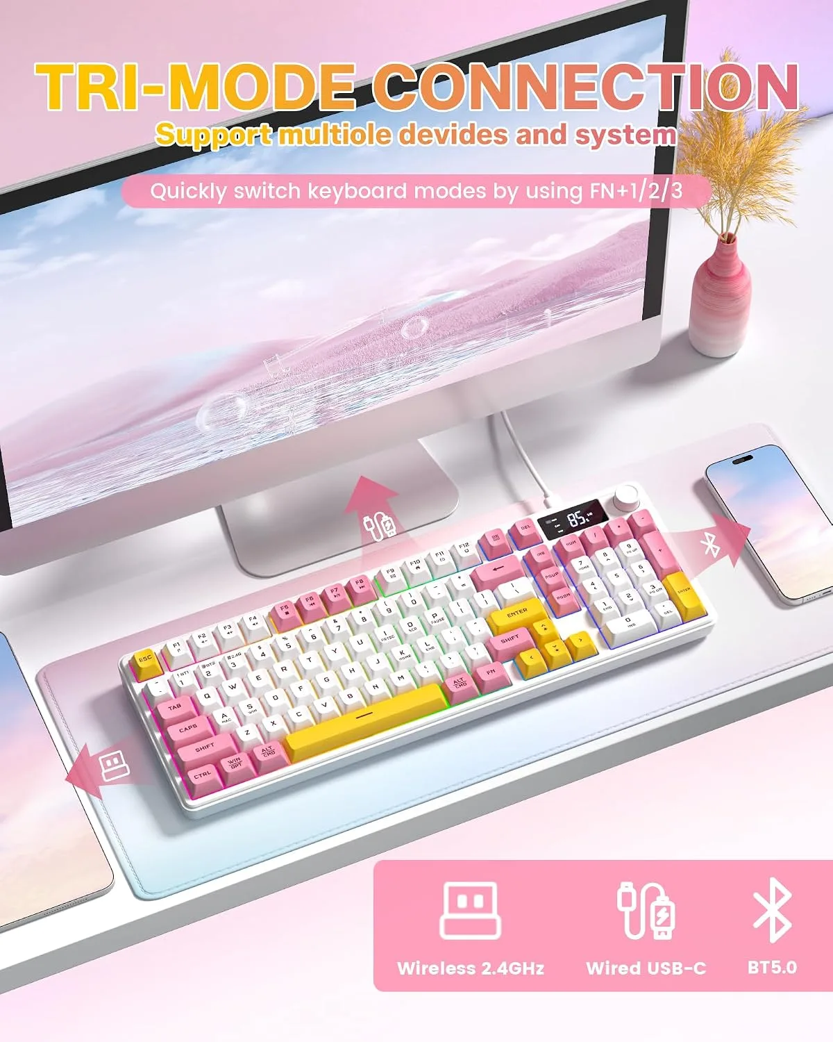 Keymatic Gaming Keyboard Wireless Creamy Keyboard w/Media Knob&Screen