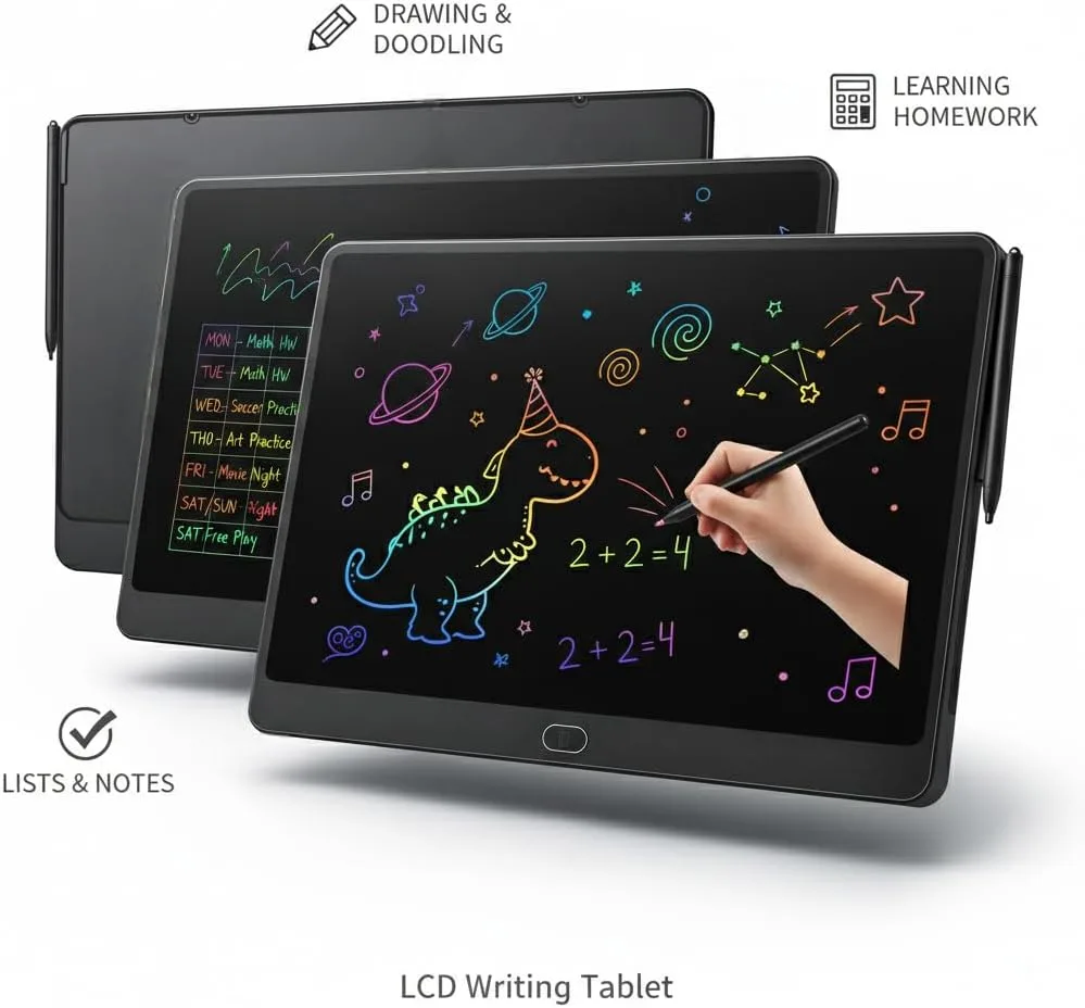 16 Inch LCD Writing Tablet for Kids 2 Pack, Large Drawing Board Doodle Pad, Colorful Screen Erasable Sketch Tablet, Travel Toys and Reusable Learning Gift for Boys Girls（Pink & Black