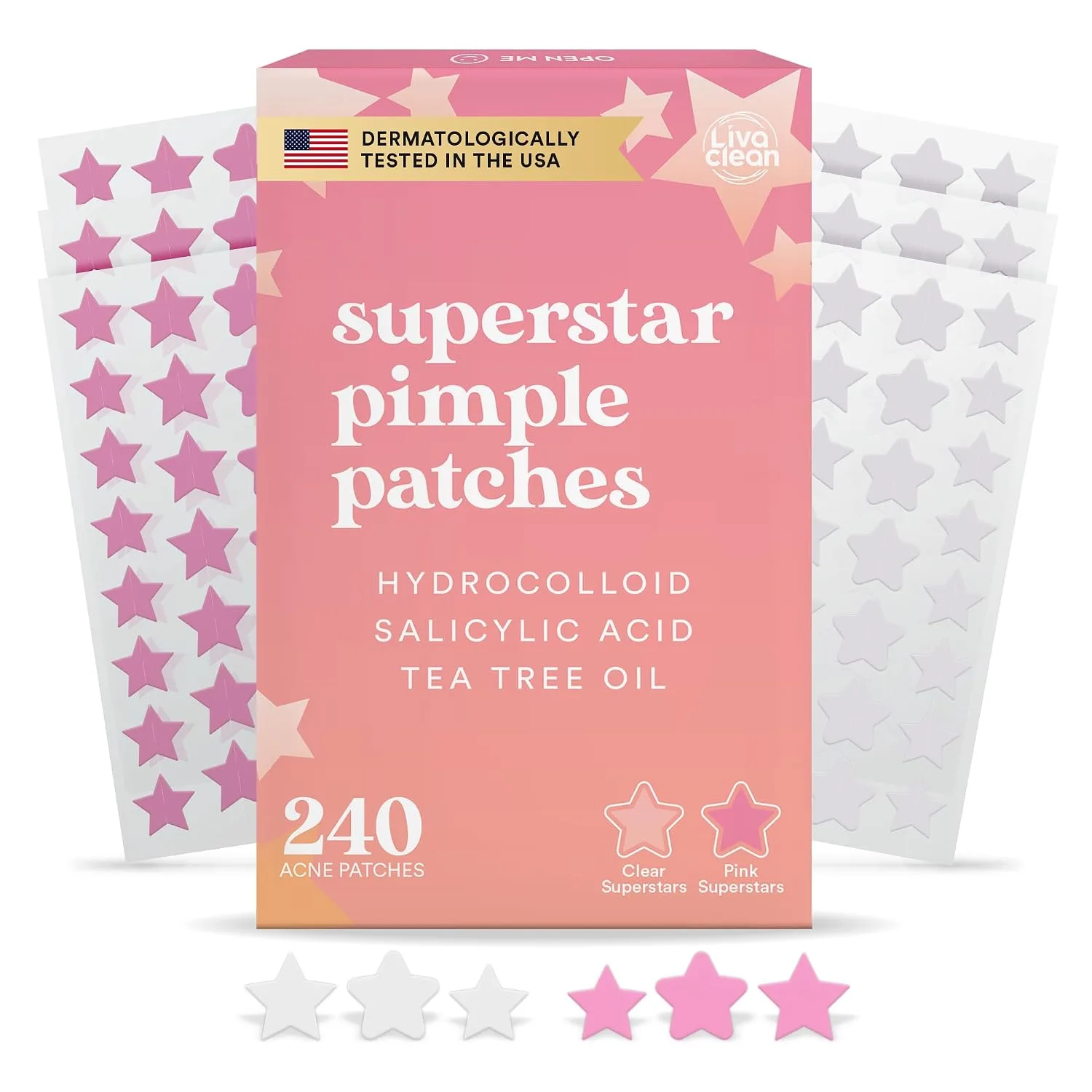 Livaclean 240 Star Pimple Patches for Face - Clear & Pink Pimple Patches Cute - Salicylic Acid Tea Tree Oil & Hydrocolloid Acne Patch - Zit Stickers, Star Patch