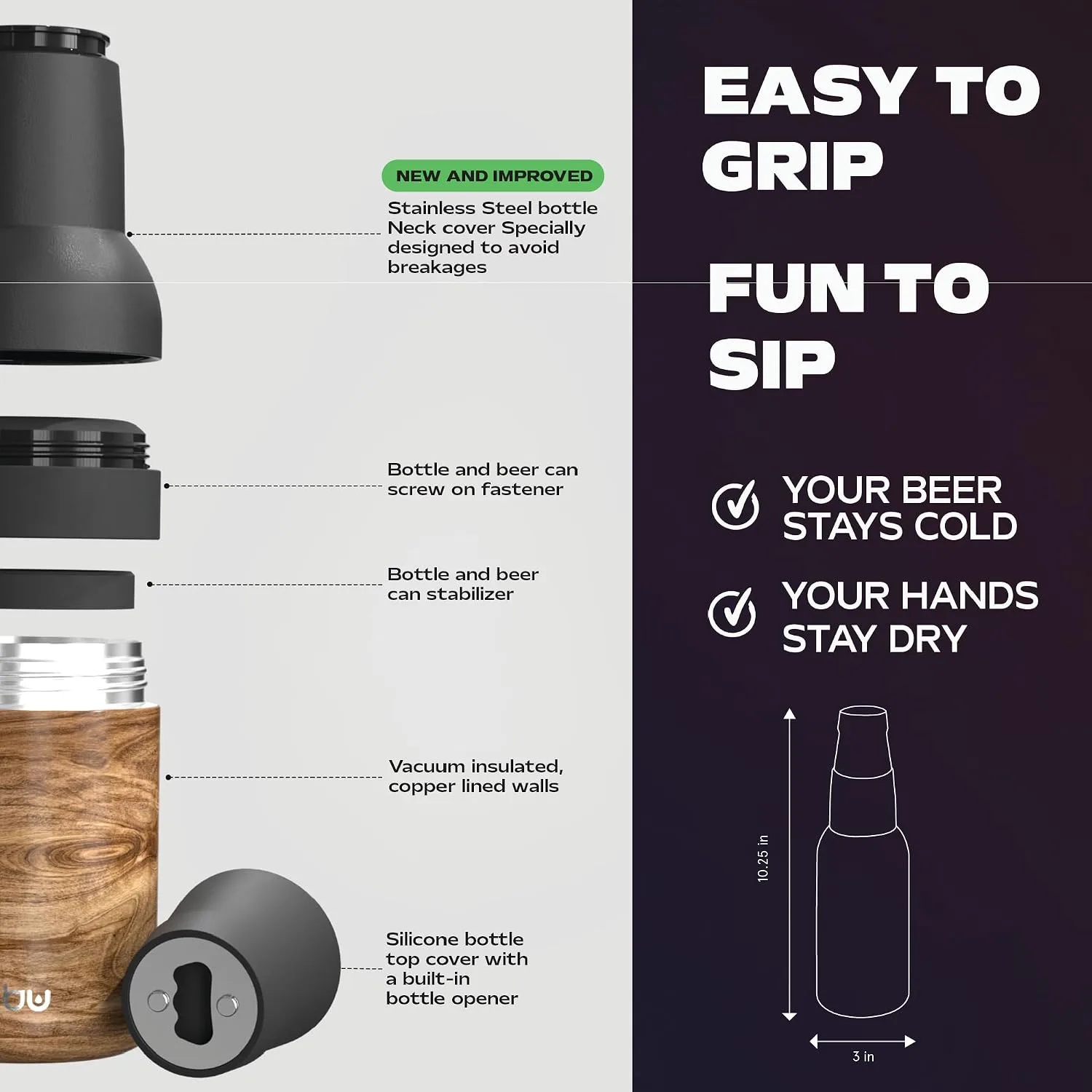 Asobu Frosty Beer Holder 2 Go Vacuum Insulated Double Walled Stainless Steel Beer Can and Bottle Cooler with Beer Opener, Bpa Free, Fits Standard 12oz Bottles, Gift for Beer Lovers (Natural Wood)