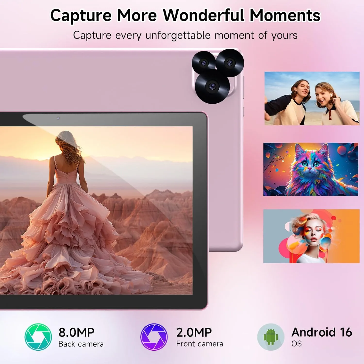 Tablet Android 16 10 Inch 12GB RAM+64GB ROM/ 1TB Expandable, 1280 * 800 HD Touch Screen, 5G WiFi6 BT 5.0, 2 in 1 Tab with Keyboard Case Mouse Stylus (Pink)