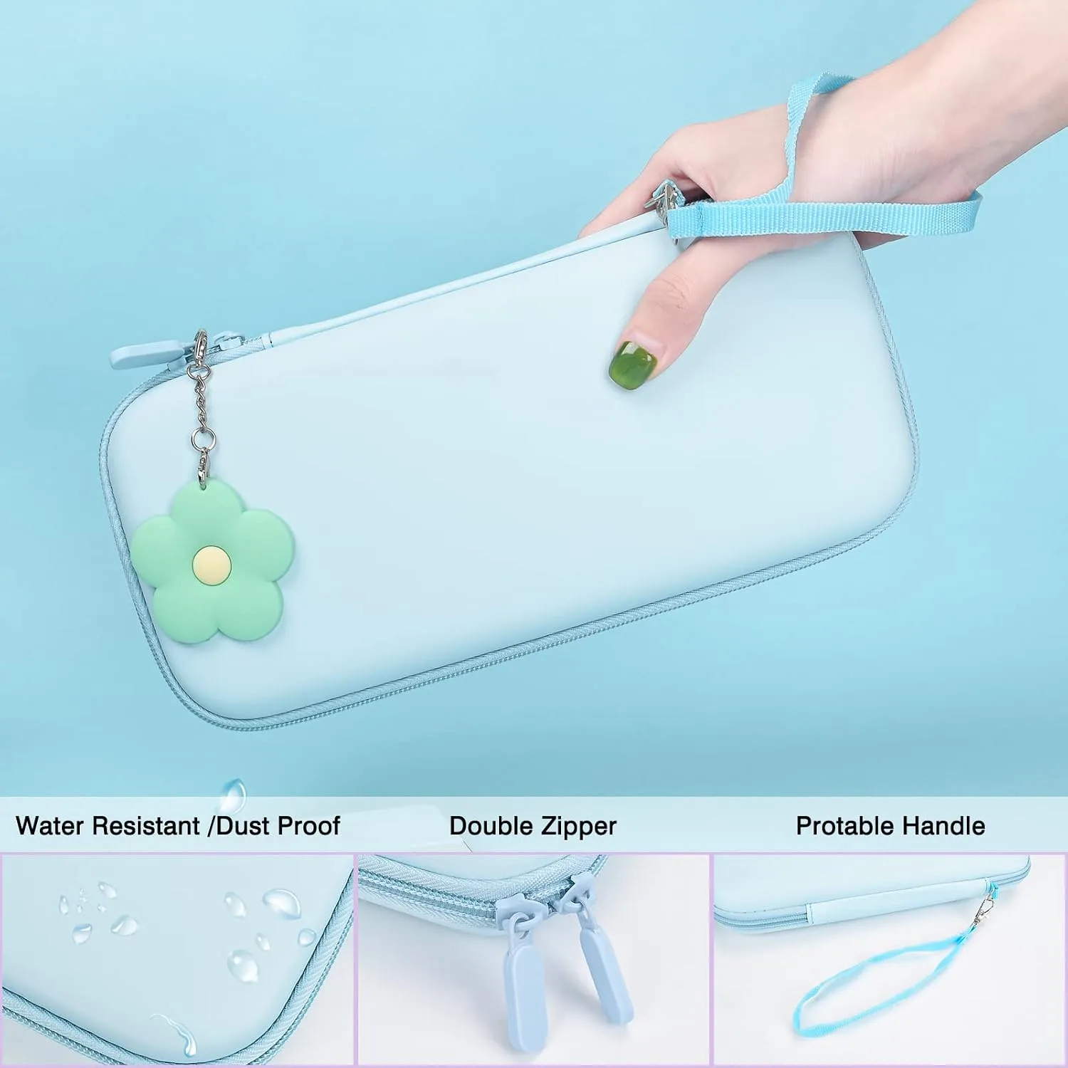 DLseego Blue Switch Case Set Carrying Case with 10 Slots Babyblue Protective Dockable Hard Shell with 4PCS Cute Cat Paw Thumb Grips Caps and 1PC Green Flower Blossom Chain for Switch 2017 Version
