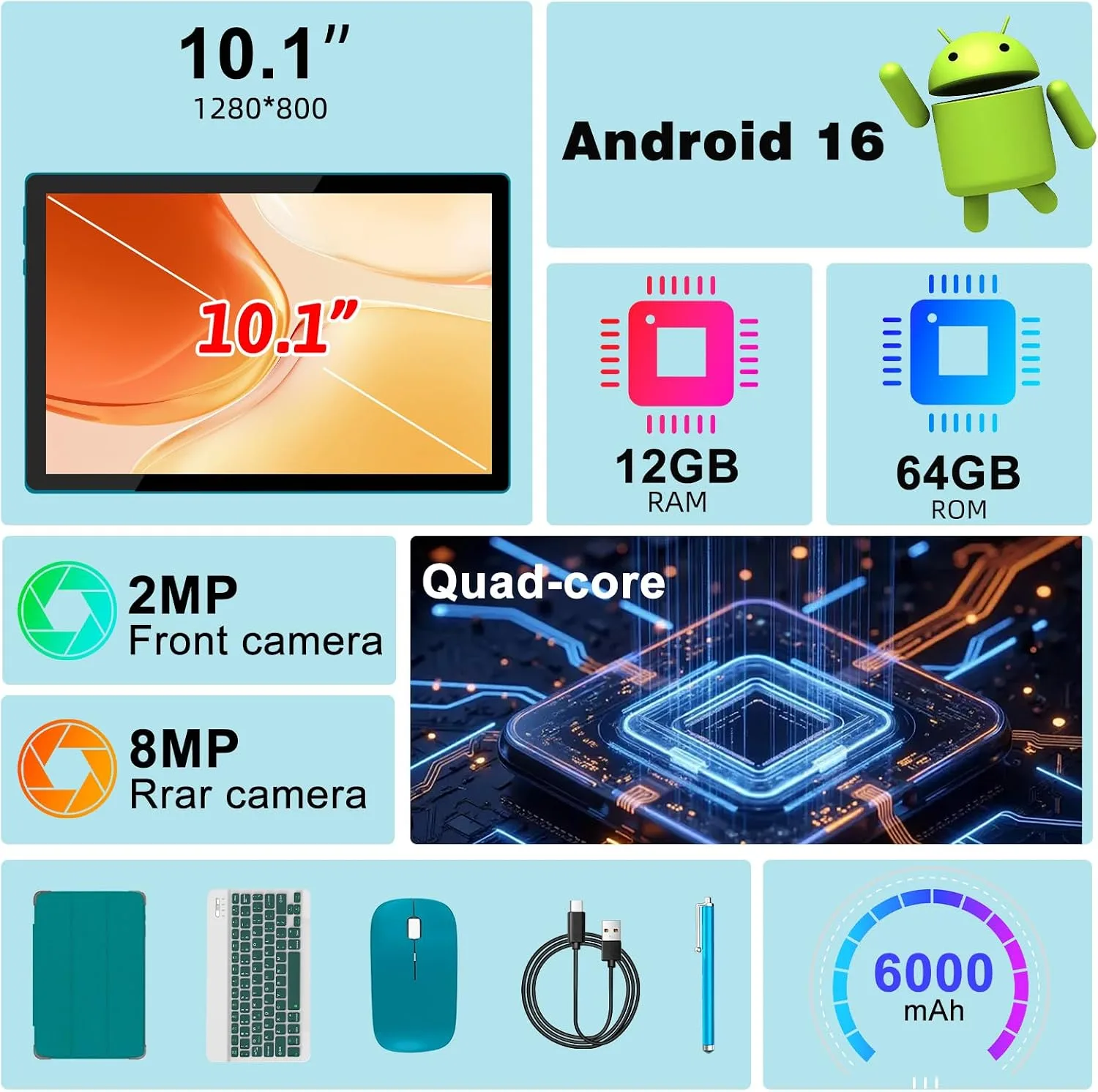 Tablet Android 16 10 Inch 12GB RAM+64GB ROM/ 1TB Expandable, 1280 * 800 HD Touch Screen, 5G WiFi6 BT 5.0, 2 in 1 Tab with Keyboard Case Mouse Stylus(Navy Blue)