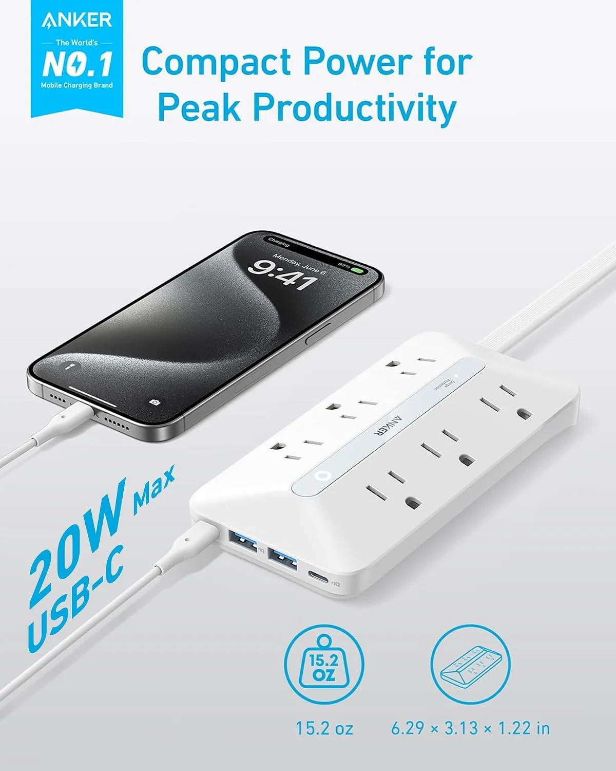 Anker Power Strip with 300J Surge Protector, 5ft Outlet Extender, 20W, 6AC