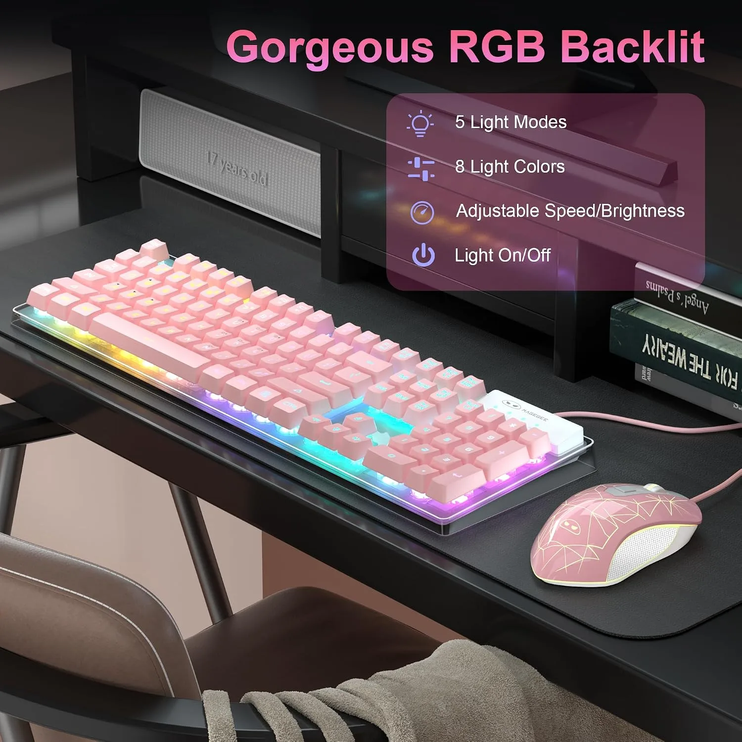 Gaming Keyboard and Mouse Combo, K1 RGB LED Backlit Keyboard with 104 Keys Computer PC Gaming Keyboard for PC/Laptop (Pink)