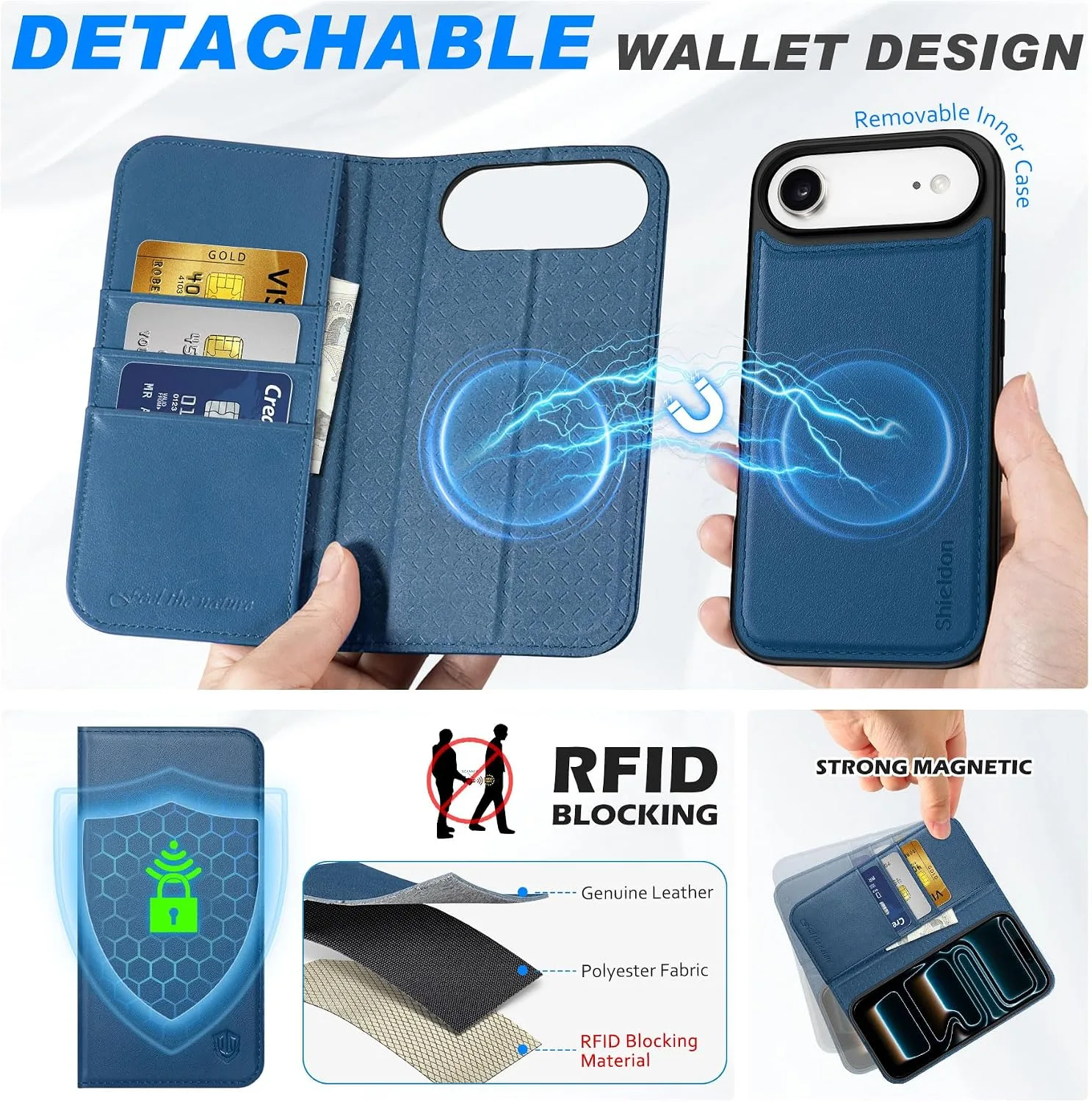 SHIELDON Detachable Leather Case Wallet for iPhone Air 6.5", Royal Blue