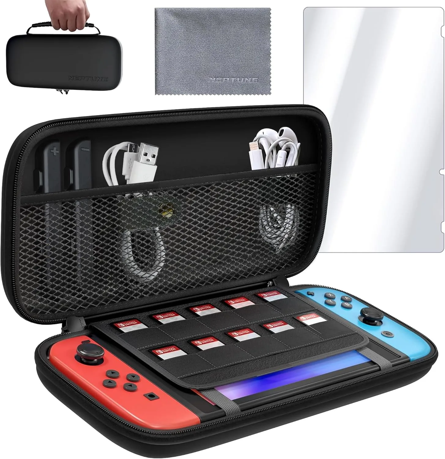 Estuche protector Neptune para Nintendo Switch y Switch OLED con soporte para juegos y protector de pantalla