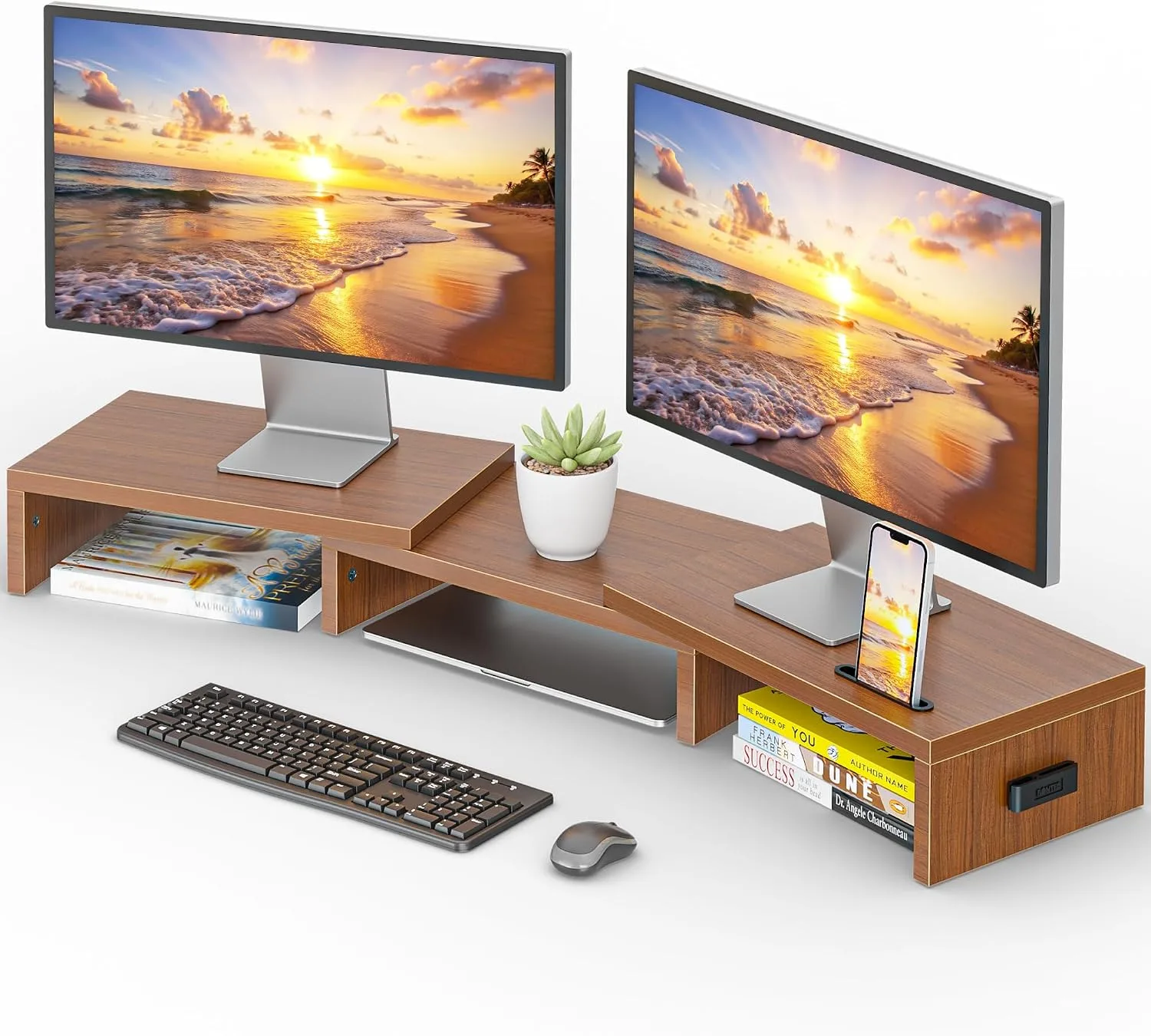 BONTEC Dual Monitor Stand Riser, Adjustable Length & Swivel Angle, Walnut