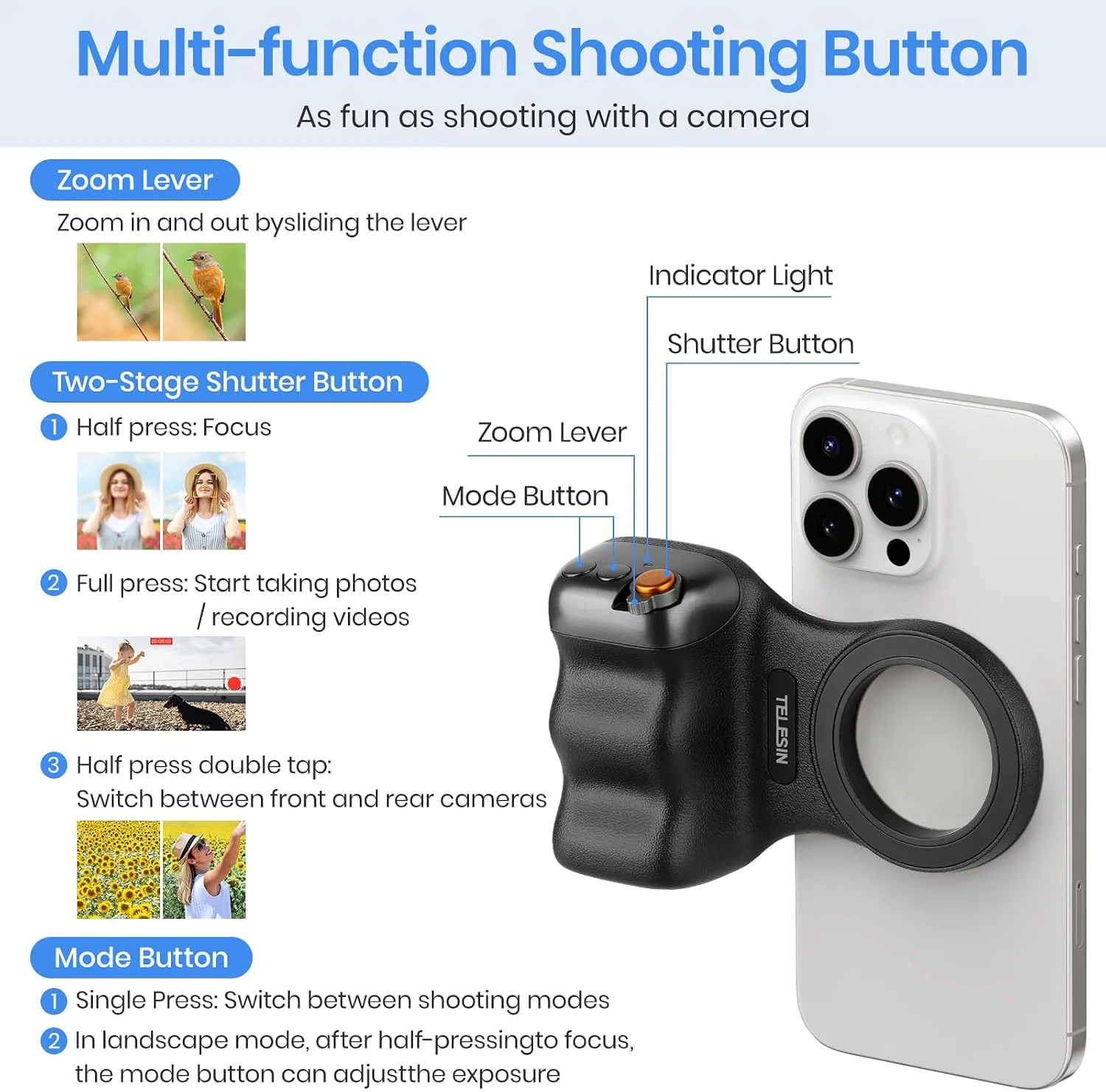 Magnetic Phone Camera Grip,Shooting Holder Selfie Handle Snap(Black)