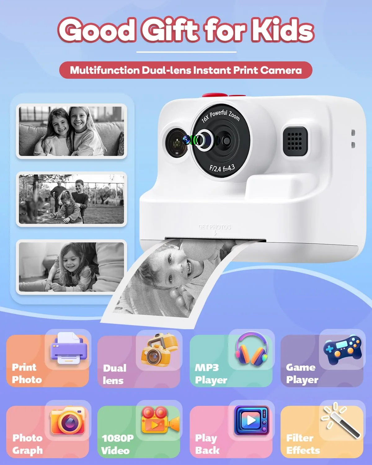 Dylanto Instant Print Camera for Kids,2.4 Inch Screen Kids Instant Cameras, Christmas Birthday Gifts for Girls Age 3-12, Portable Toddler Toy for 3 4 5 6 7 8 9 10 Year Old Girls Boys White
