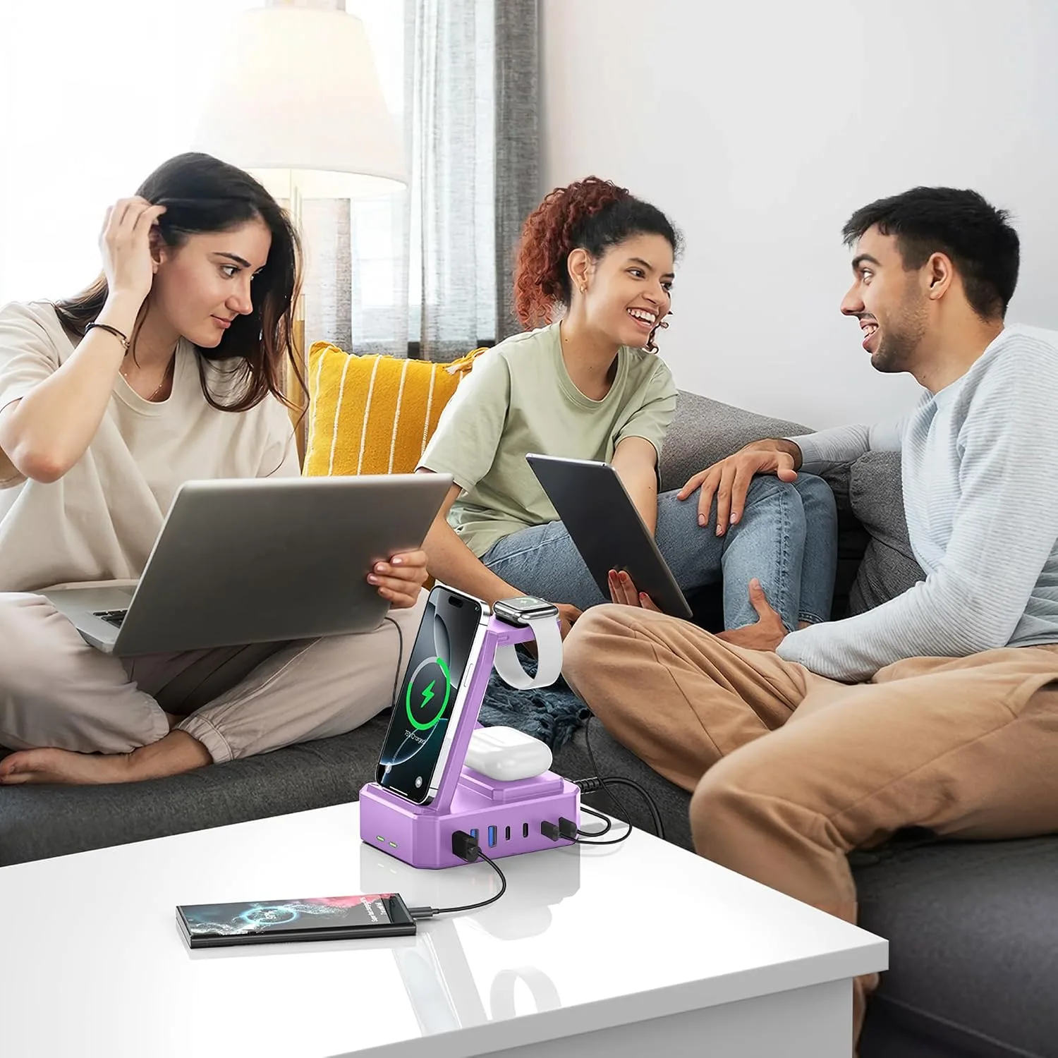300W Charging Station for Multiple Devices Apple, Zutspzss 10 in 1 Wireless Charger for iPhone 16, GaN III USB C 65W PD Fast Charging Stand Dock for MacBook, Apple Watch&Airpods,Purple