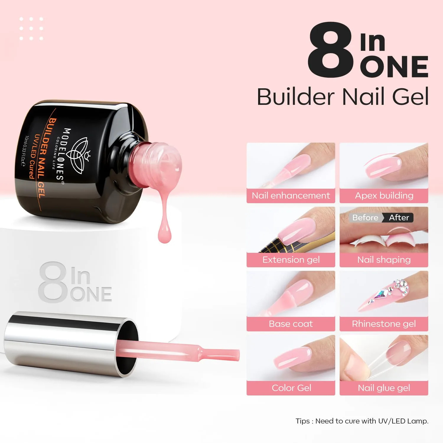 modelones Base Coat Builder Nail Gel, 2 Pcs Clear and Rose Nude Pink