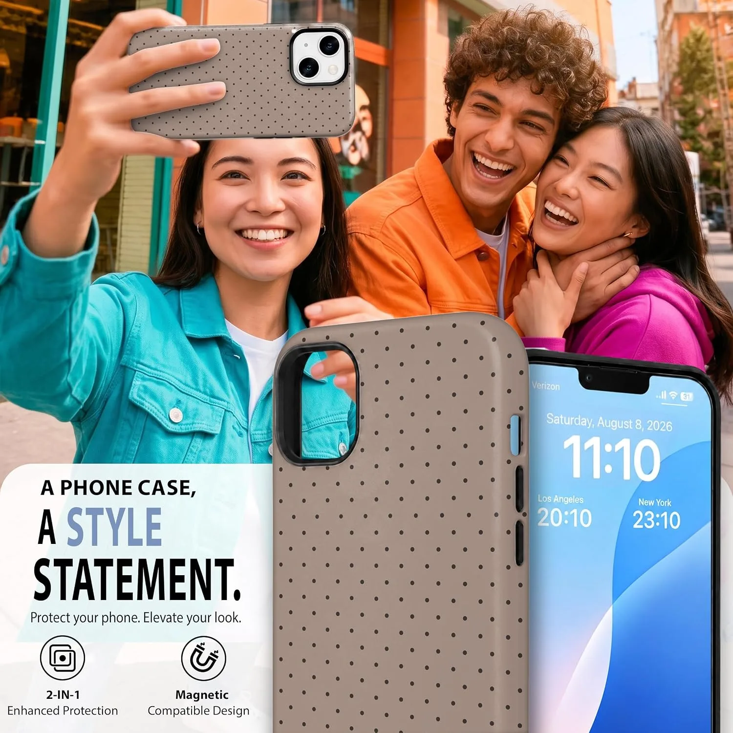 Magnetic for iPhone 13/14 Phone Case, Brown and White Polka Dot