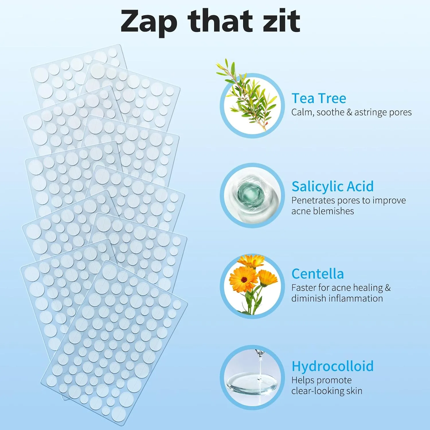 QUSTERE Pimple Patches for Face, Hydrocolloid Acne Patches, Zit Patch Covers, Spot Stickers with Tea Tree, Salicylic Acid & Cica Oil| 4 Sizes (8mm,10mm, 12mm,14mm) | 800 Count