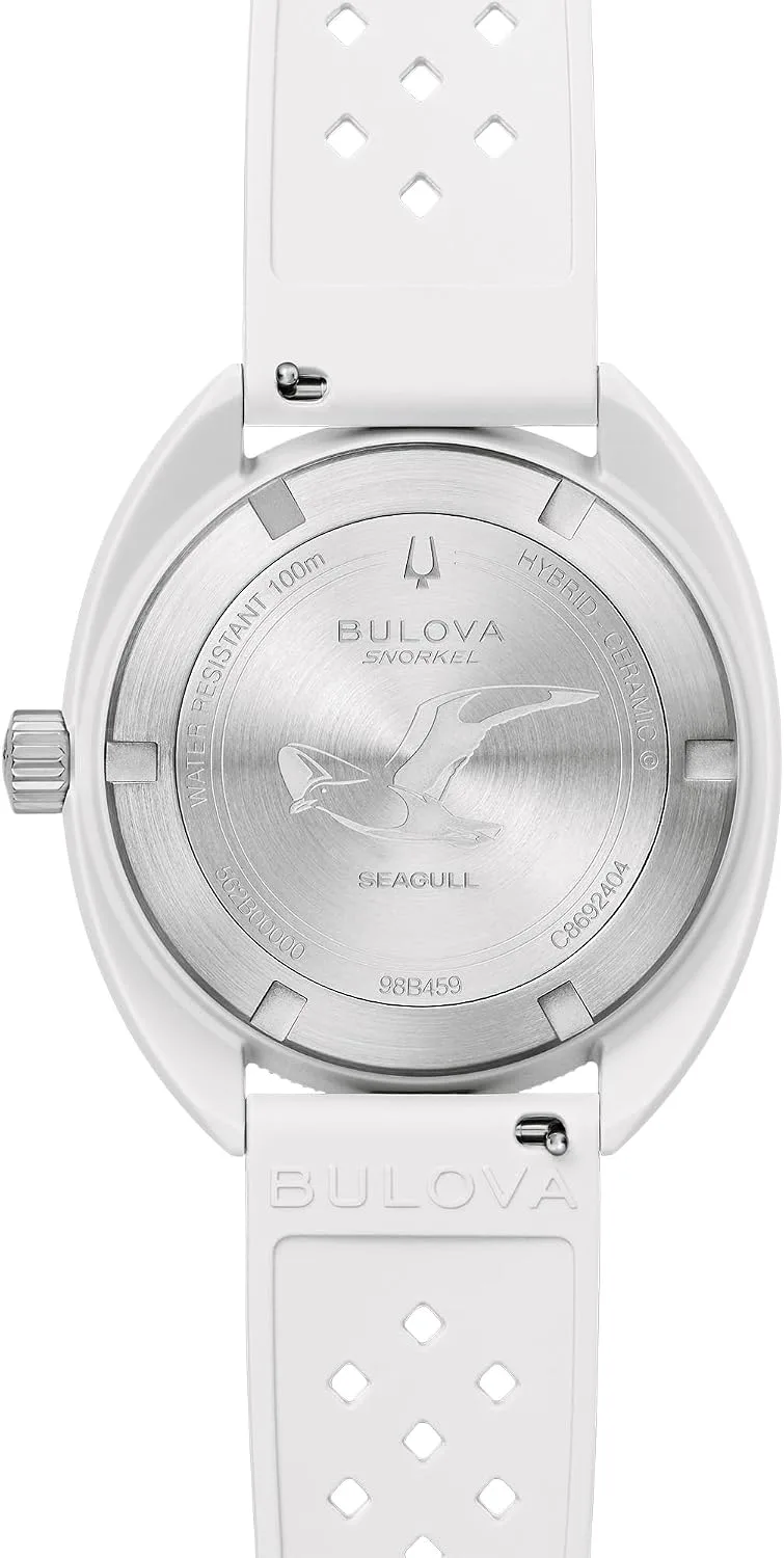 Bulova Oceanographer Snorkel Amazon Exclusive Ceramic Case and White Perforated Rubber Strap Watch, Day Date 100M WR