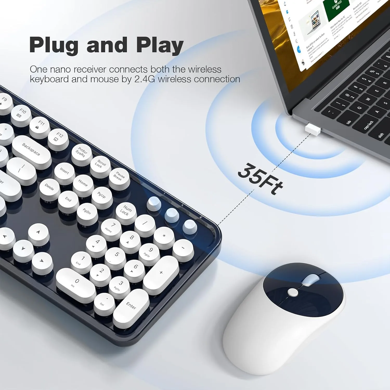 MOFII Wireless Keyboard and Mouse Combo, Computer Full Size 2.4G Plug and Play Wireless Typewriter Retro Round Keyboard and Mouse Set for Windows, Computer, Desktop, PC, Notebook - (Dark Blue)