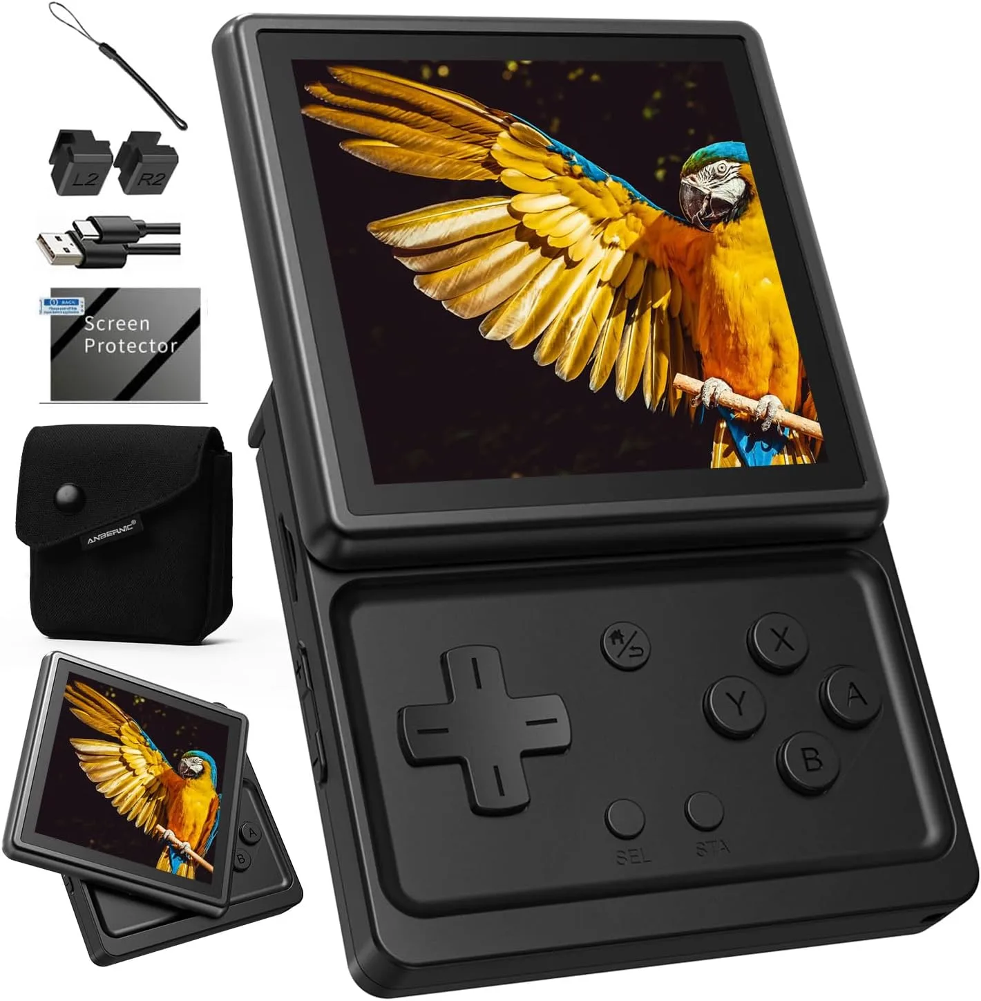 RG Rotate Retro Handheld Game Console Android 12 Console with 3.5 inch Swivel Screen Unisoc T618 Chip 3GB+32GB, 2000mAh Aluminum Alloy Body +ABS Plastic with RG Rotate Carrying Case Bag