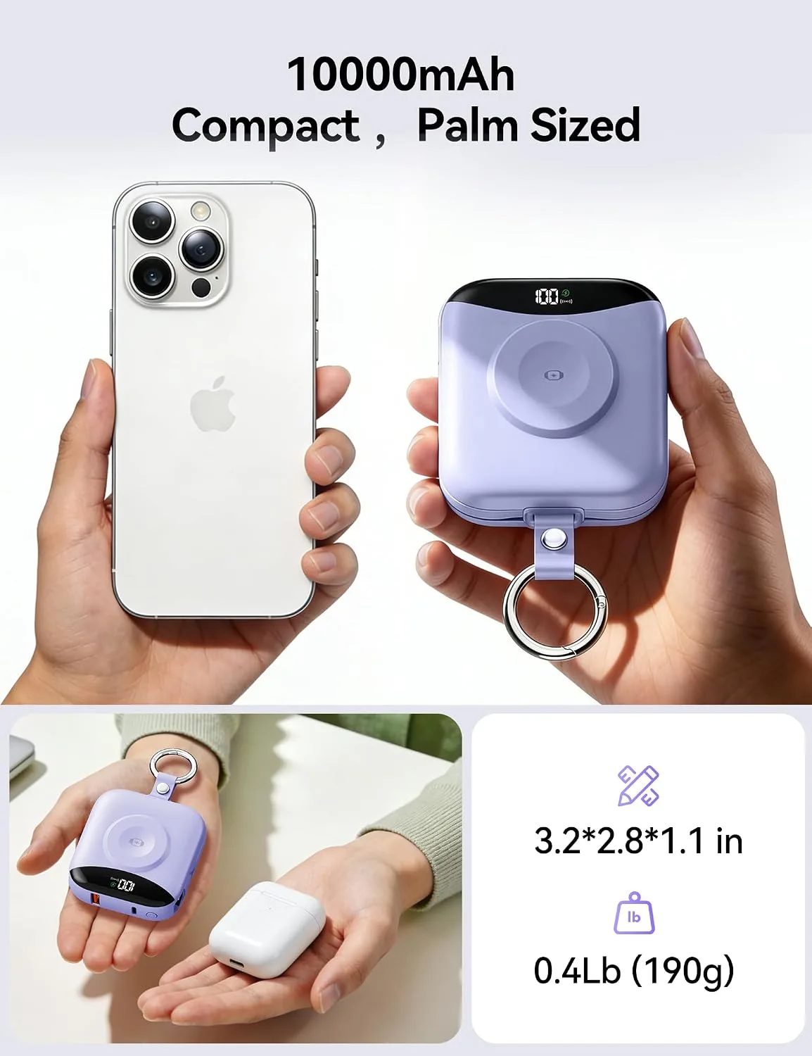 Portable Charger 10000mAh 22.5W Power Bank Built-in 2 Cables Keychain