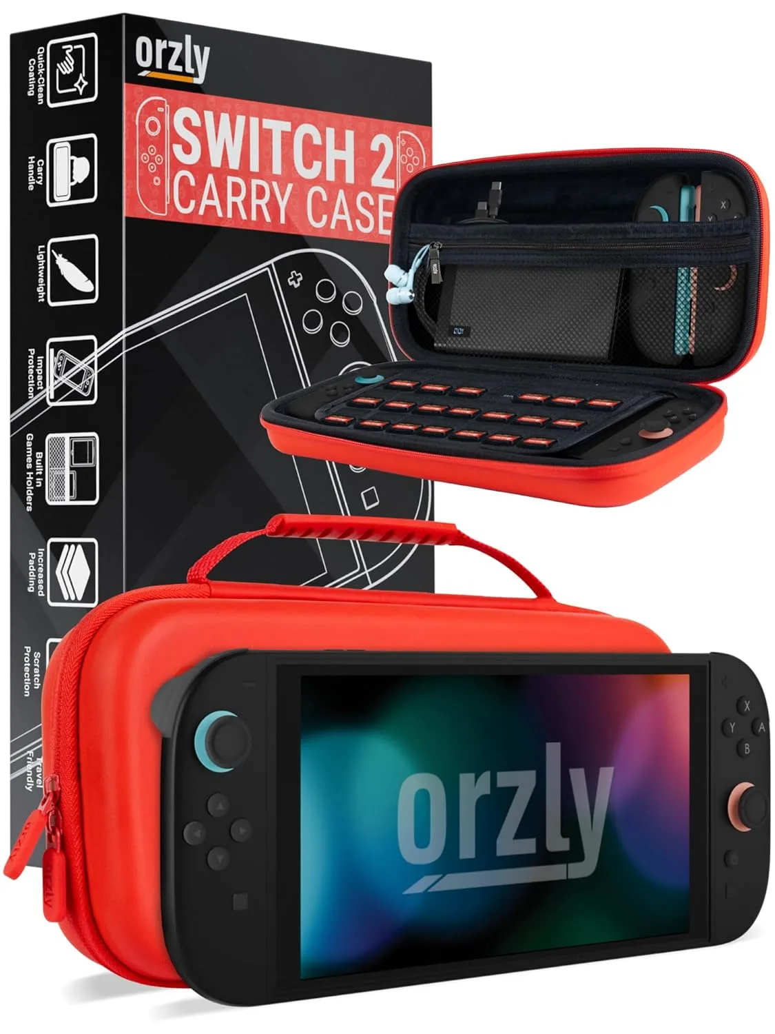 Orzly Case Compatible with Nintendo Switch 2 – Protective Travel Carry Case with Screen Padding, Game Card & microSD Slots, Zipped & Open Pockets for Accessories – 7.9" Gift Boxed