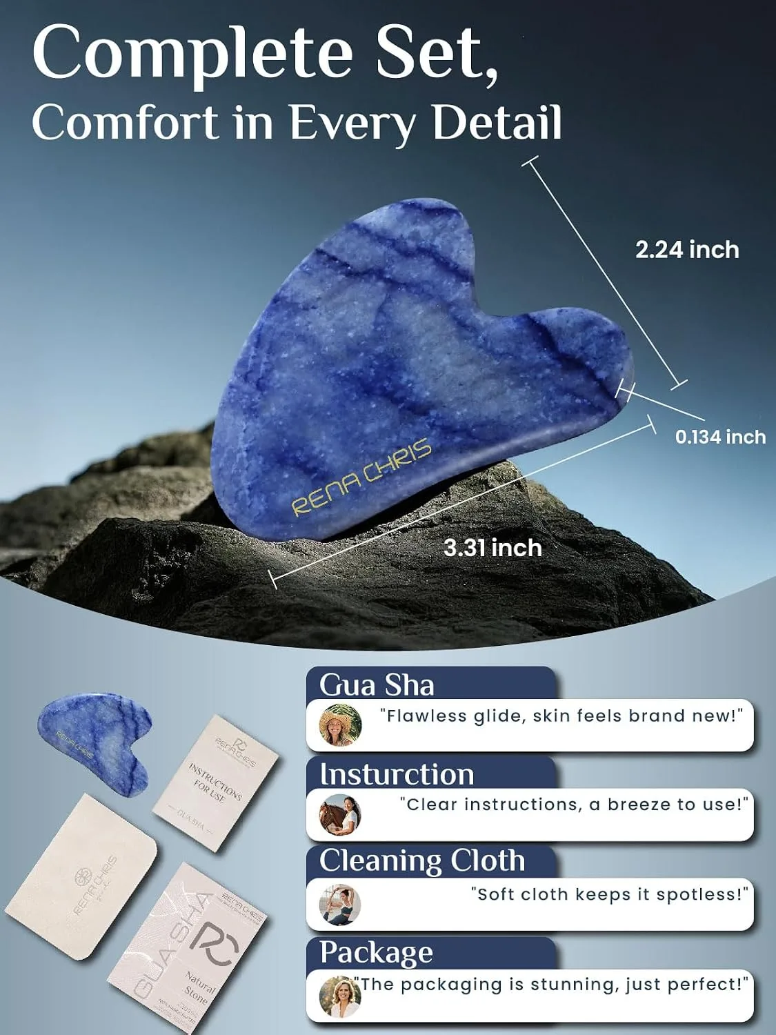 Rena Chris Gua Sha Facial Tools: Natural Blue Aventurine Guasha Tool for Face Acupuncture Therapy, Facial Massager for Jawline Sculpting and Puffiness Reducing (Blue)