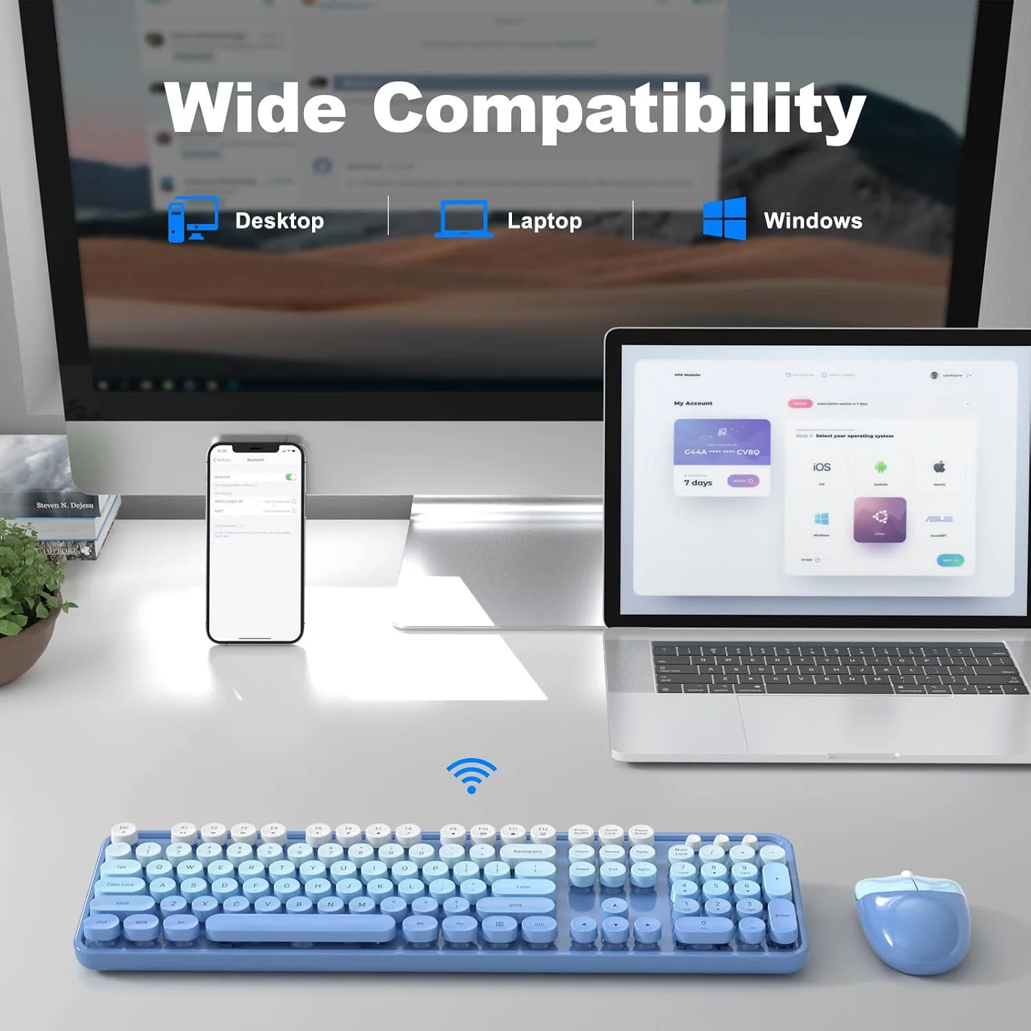 MOFII Wireless Keyboard and Mouse Combo, Full Size 2.4G Plug and Play Typewriter Retro Round Computer Keyboard and Mouse Set for Windows, Computer, Desktop, PC, Notebook - (Blue Gradient)