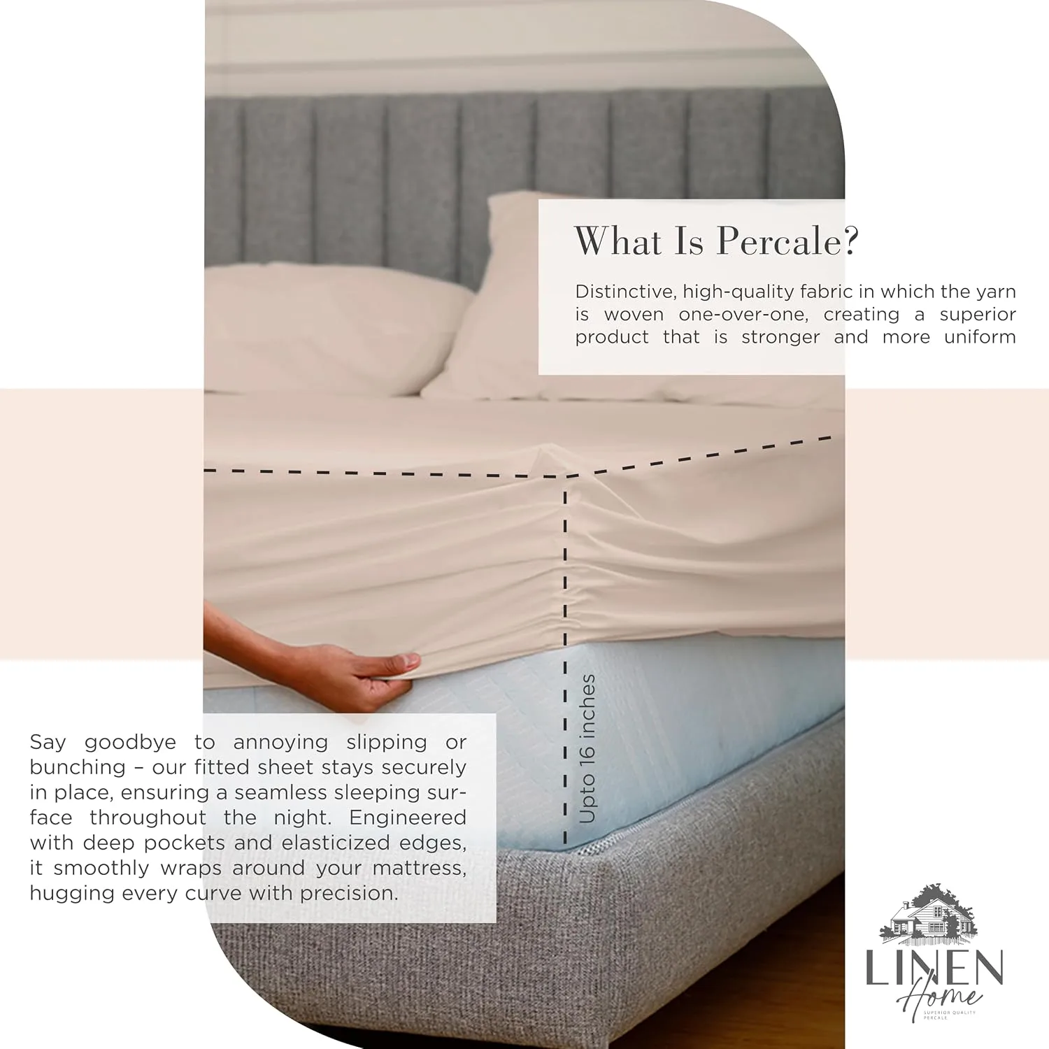 Linen Home 100% Cotton Percale King Sheets, 4 Pc Cooling Set - Sand Shell