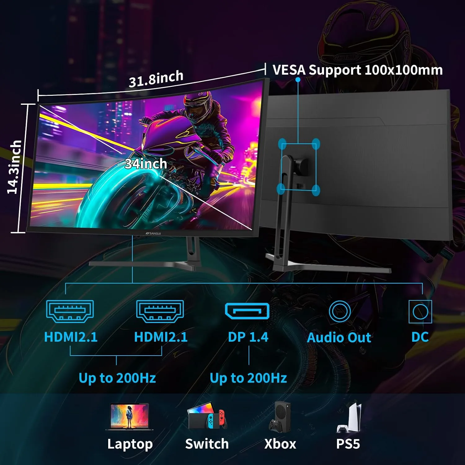 SANSUI 34-Inch Curved Gaming Monitor UWQHD 3440 x 1440P 200Hz Ultrawide