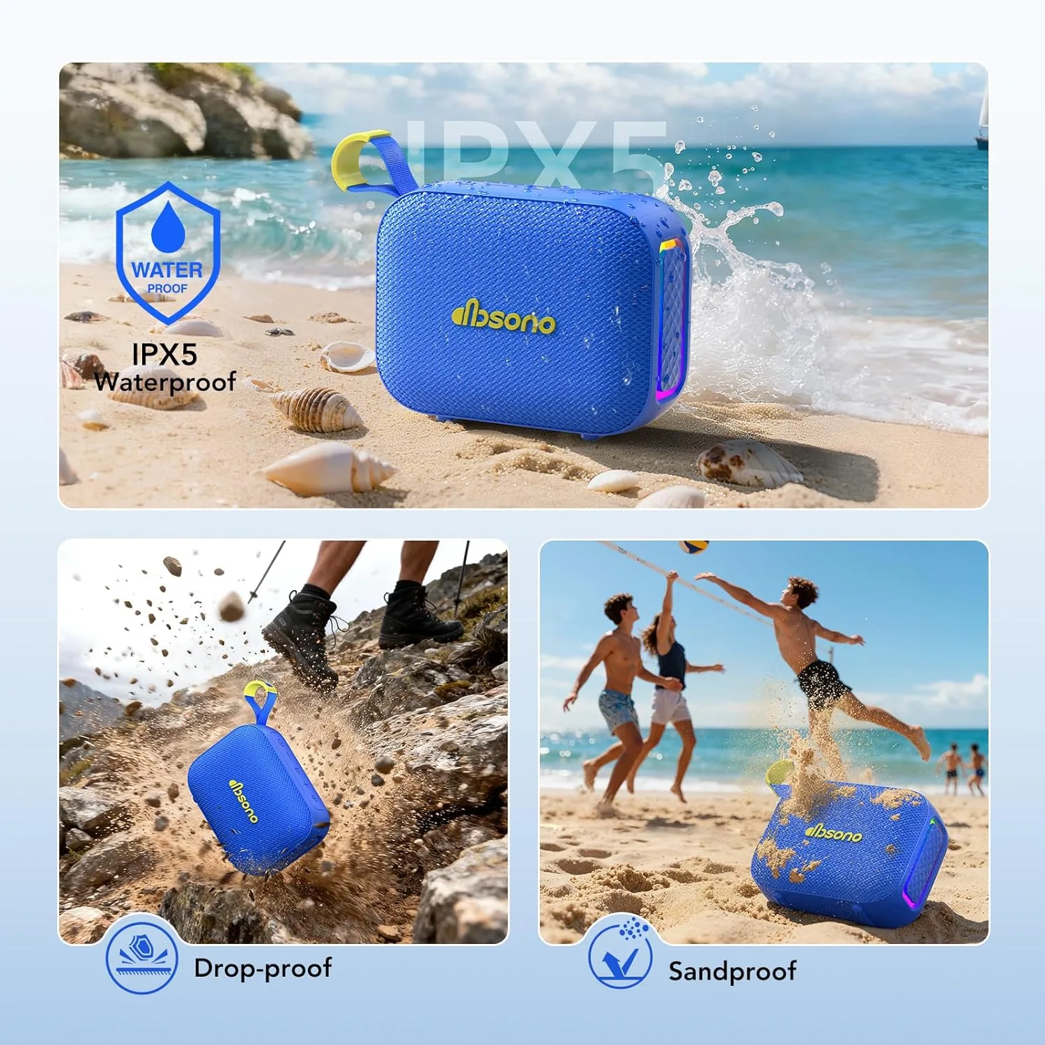 dbsono Portable Bluetooth Speaker Line-in Support: IPX5 Waterproof, Blue